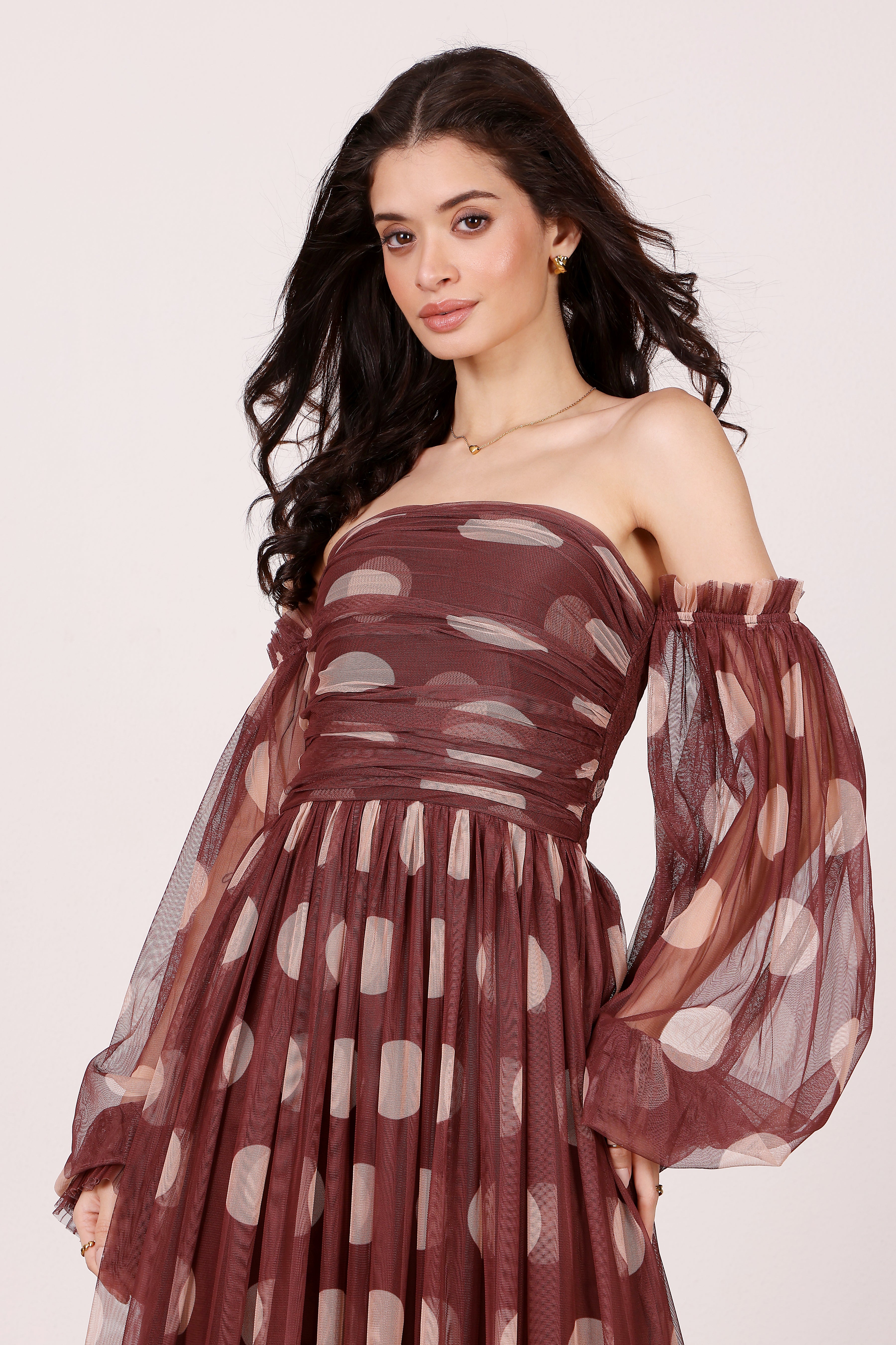 Off shoulder billowing long sleeves a-line rouched bodice a-line tulle mesh maxi dress brown beige polka dot