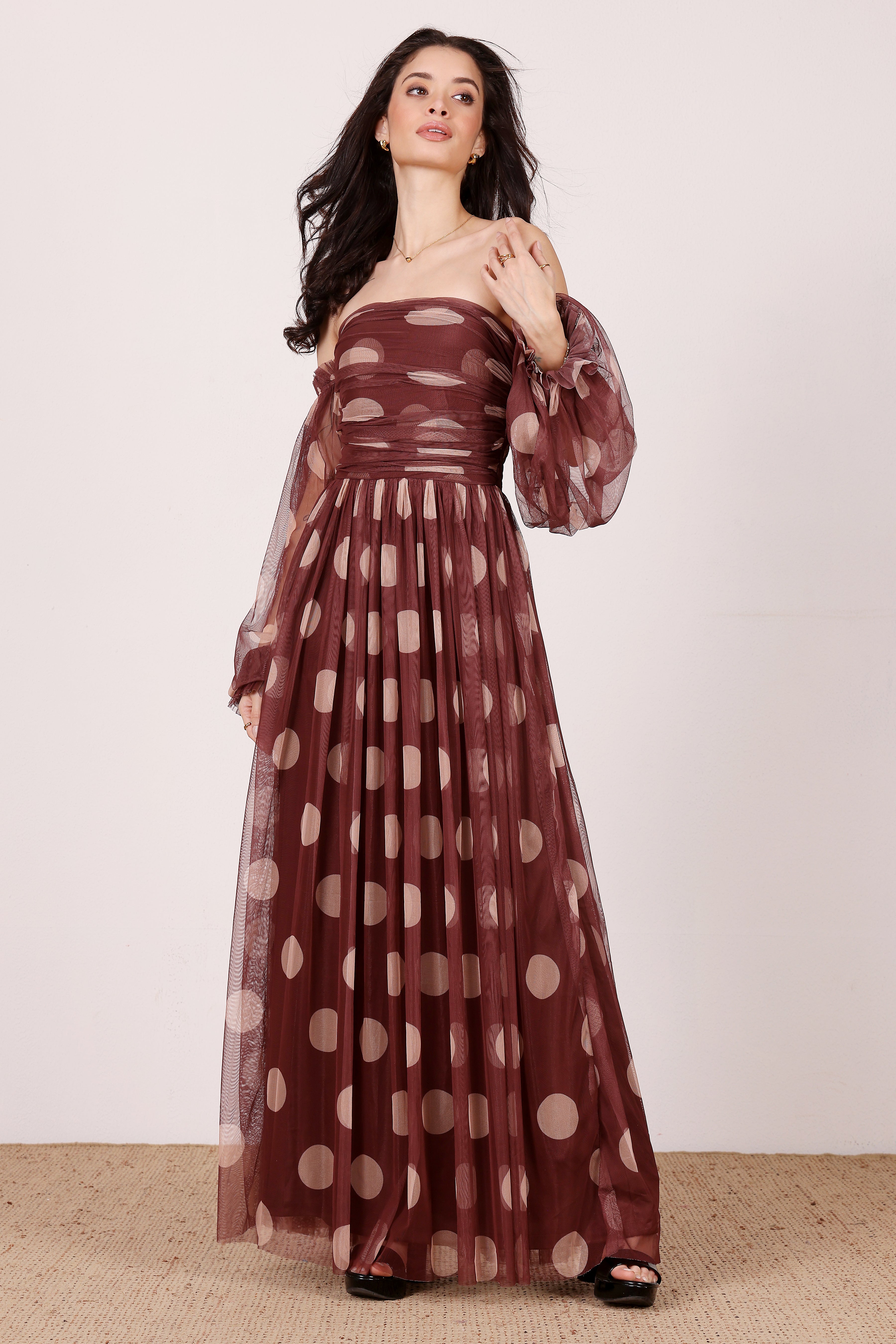 Lana Maxi Dress in Mahogany Brown and Beige Polka Dot