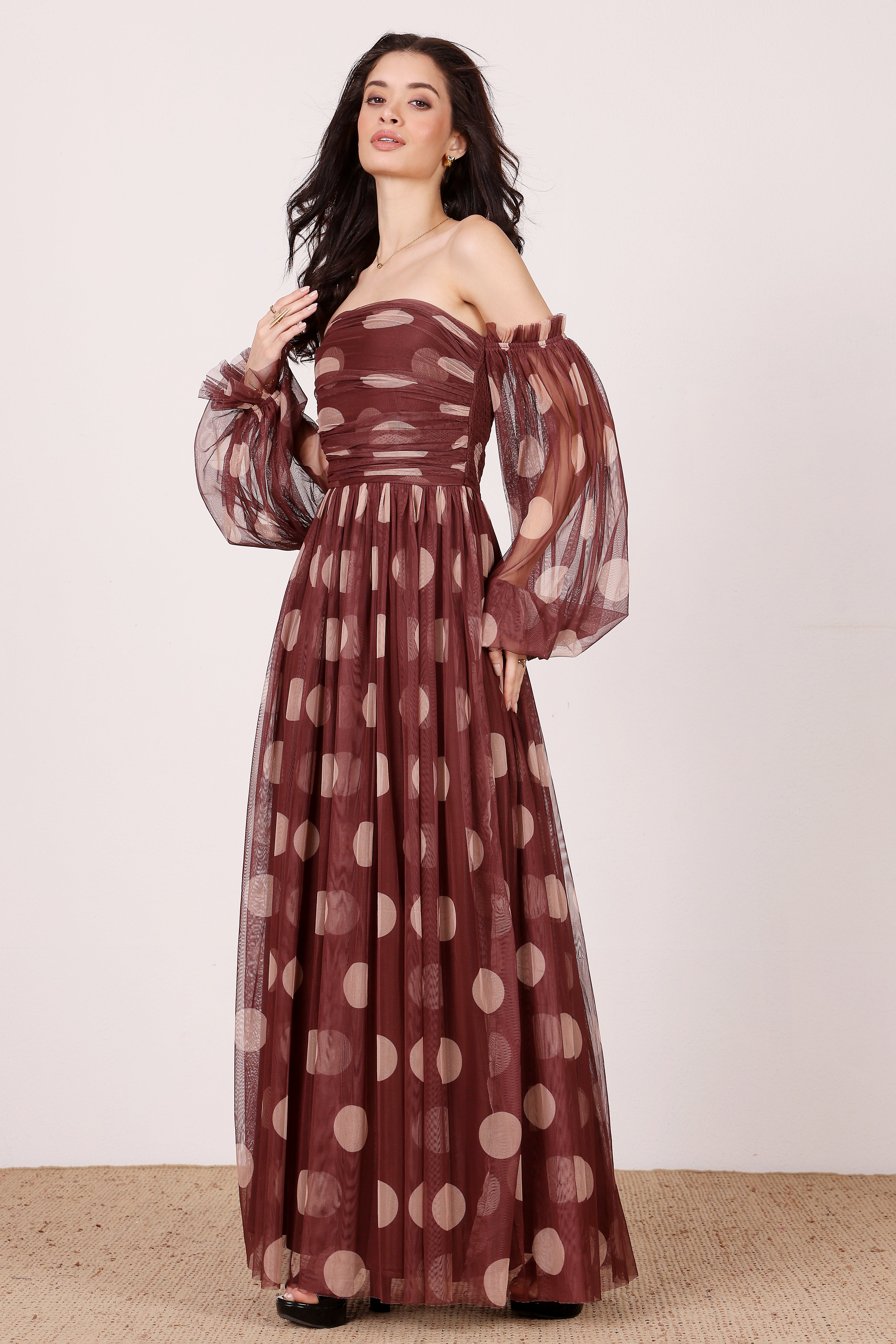 Lana Maxi Dress in Mahogany Brown and Beige Polka Dot