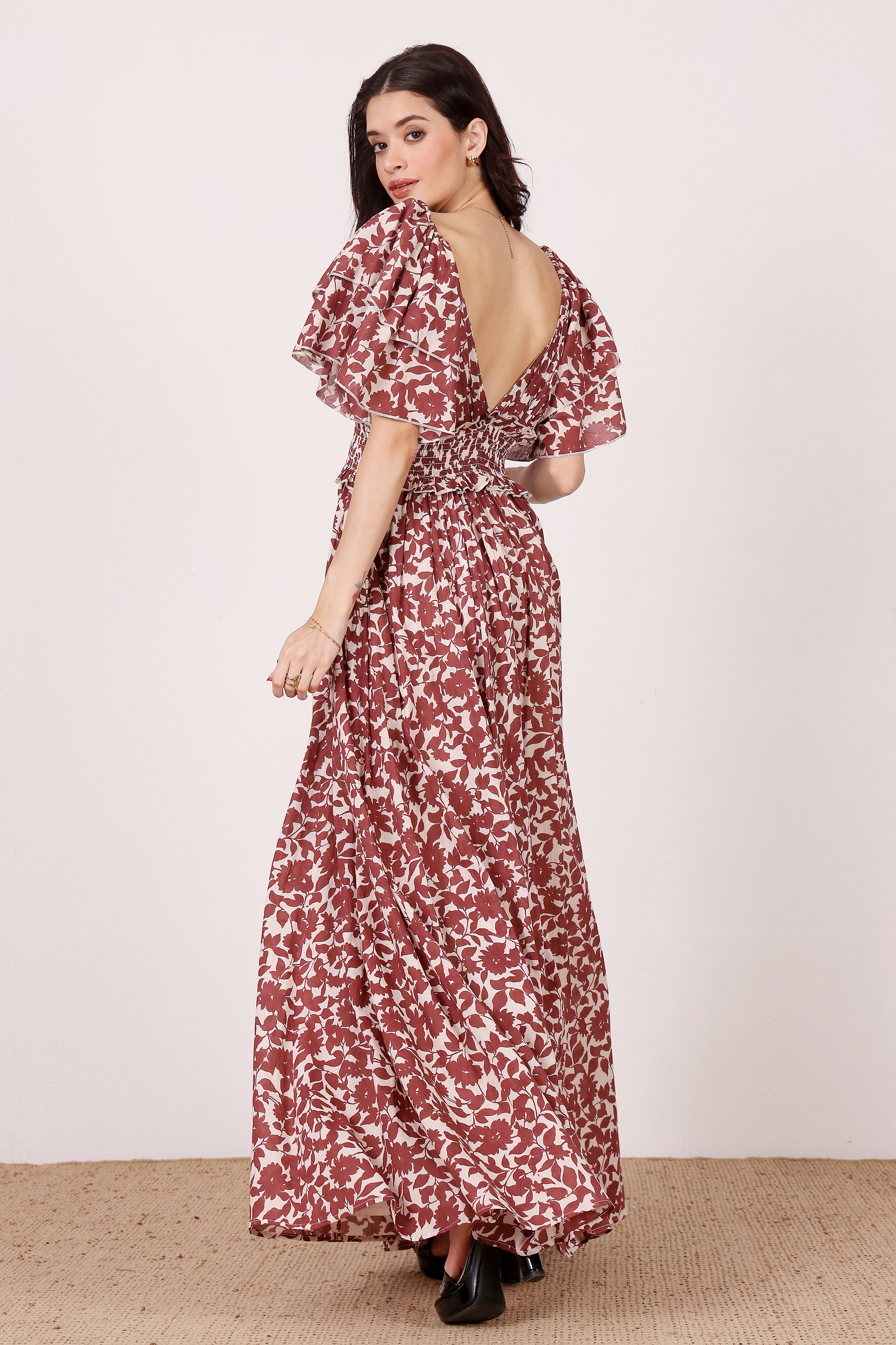 Shelby Cotton Maxi Dress in Burgundy Leaf Print