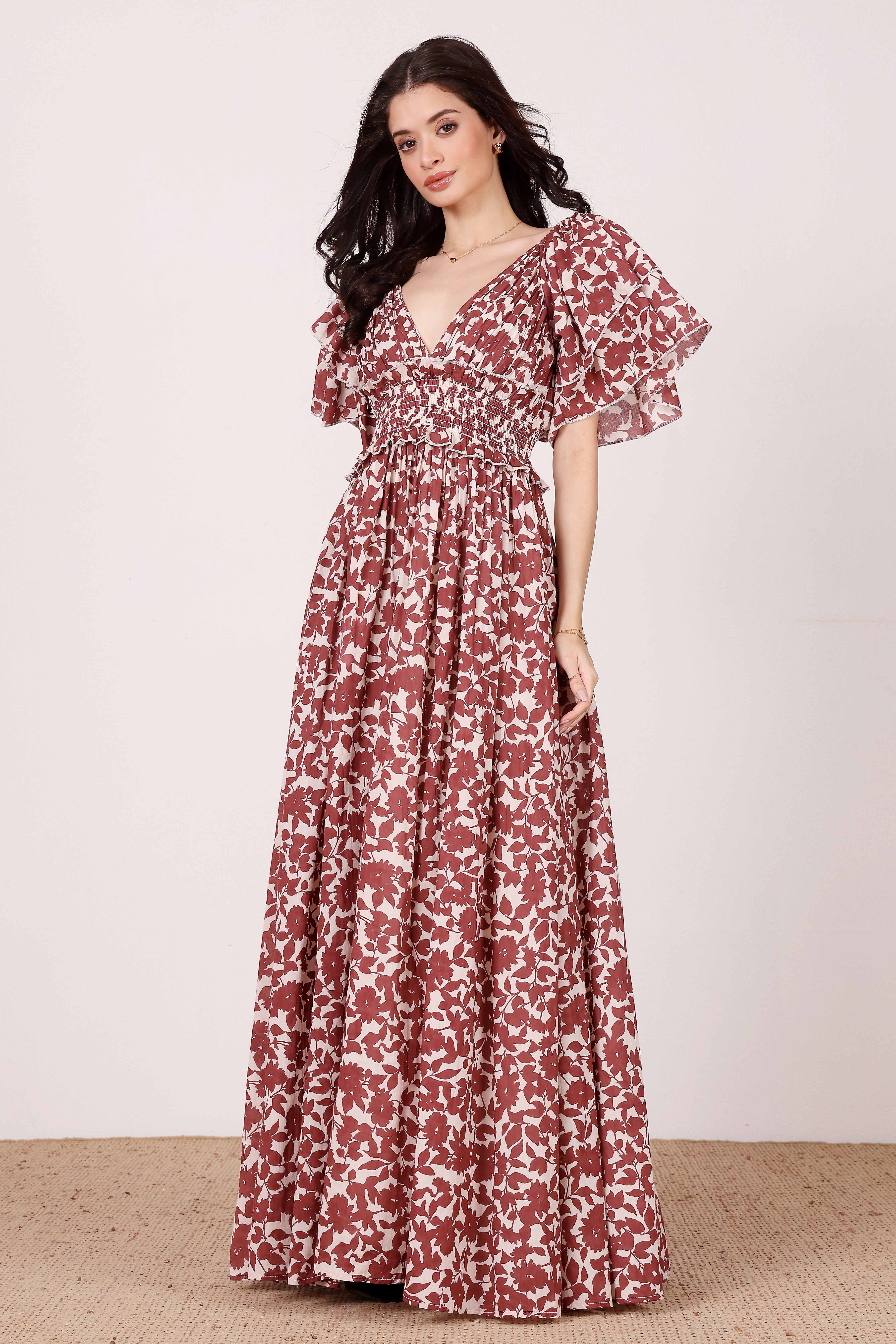 Cotton v-neckline a-line burgundy leaf print maxi dress