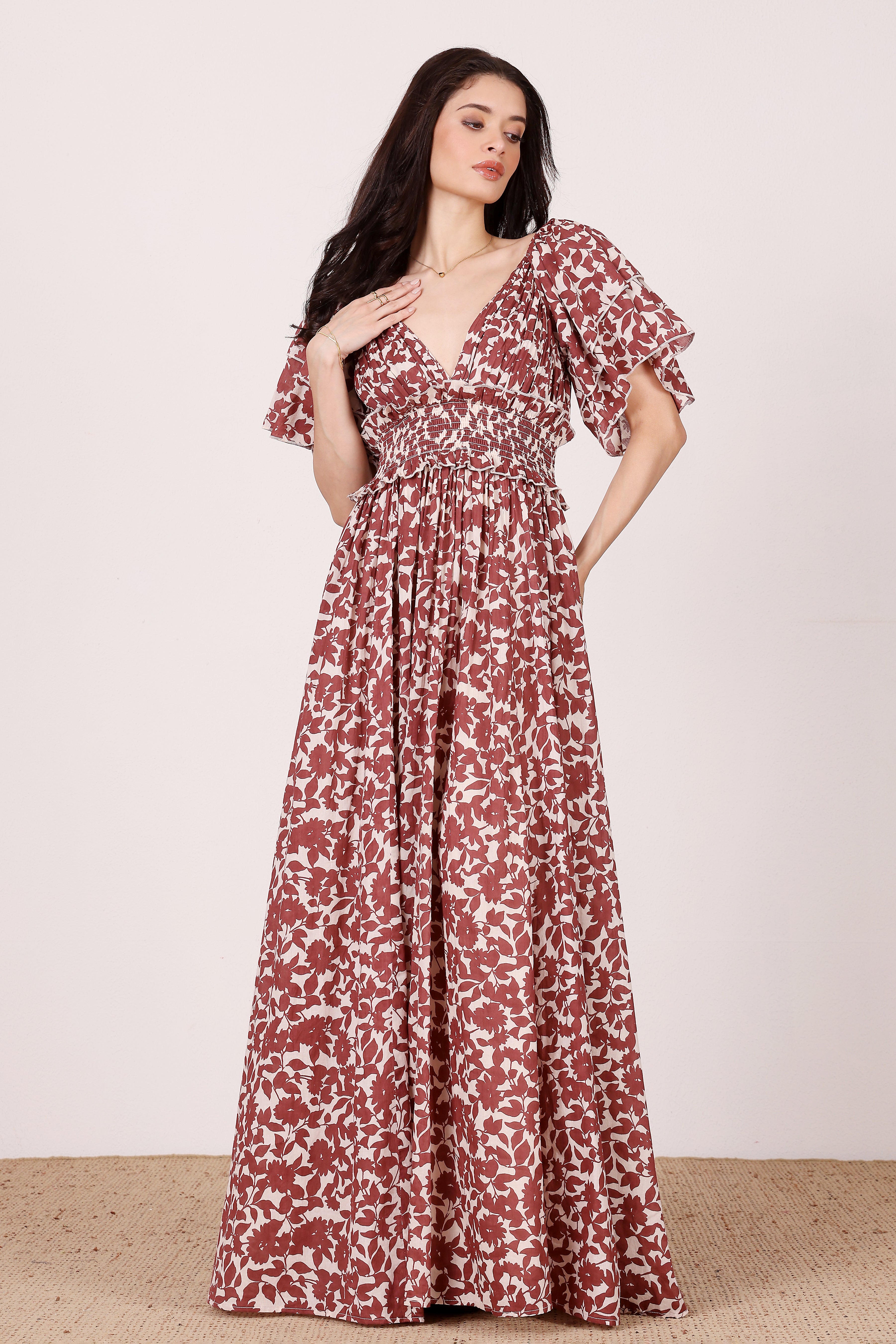 Shelby Cotton Maxi Dress in Burgundy Leaf Print