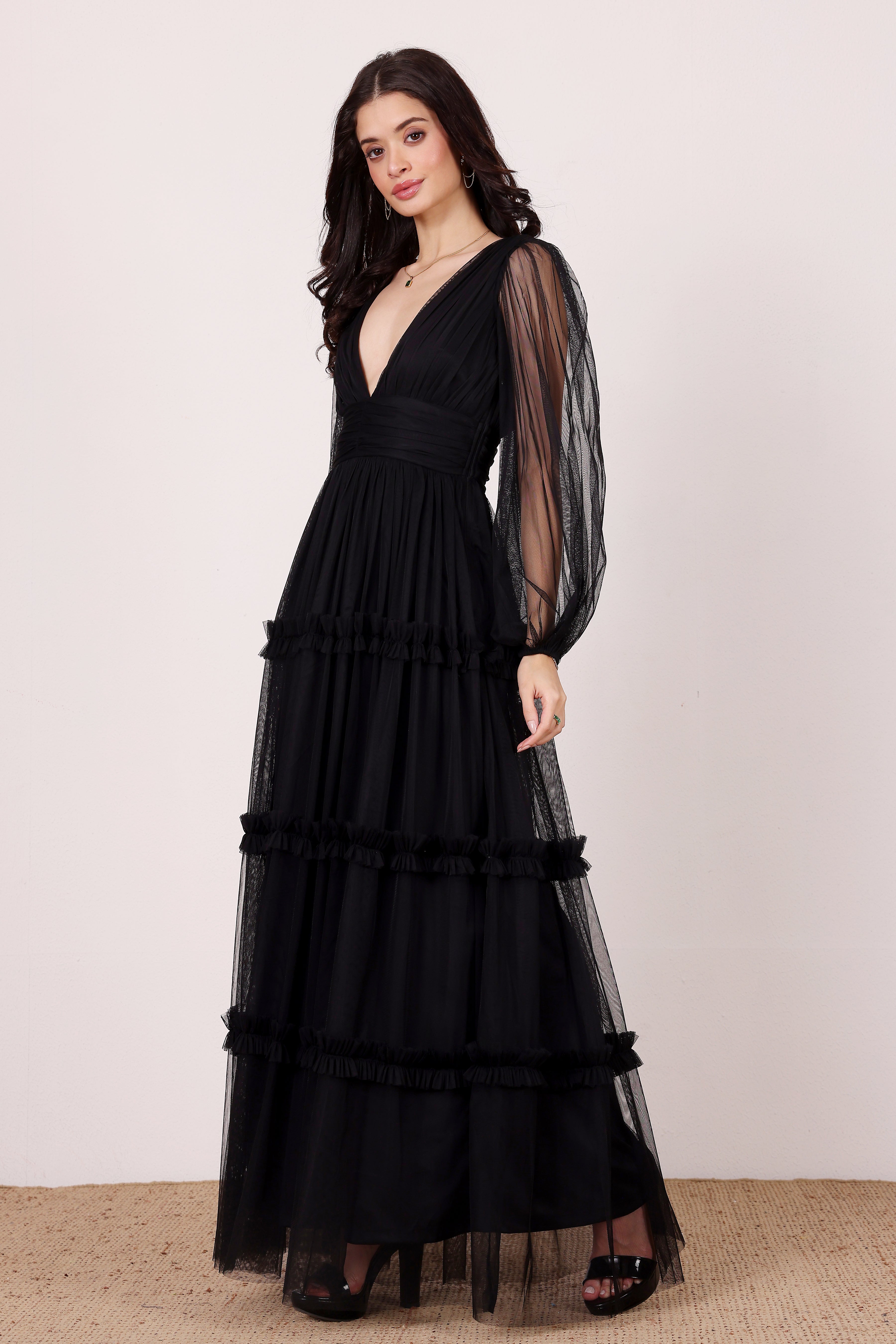 Long sleeve maxi dress deep v-neckline black wedding guest formal tulle