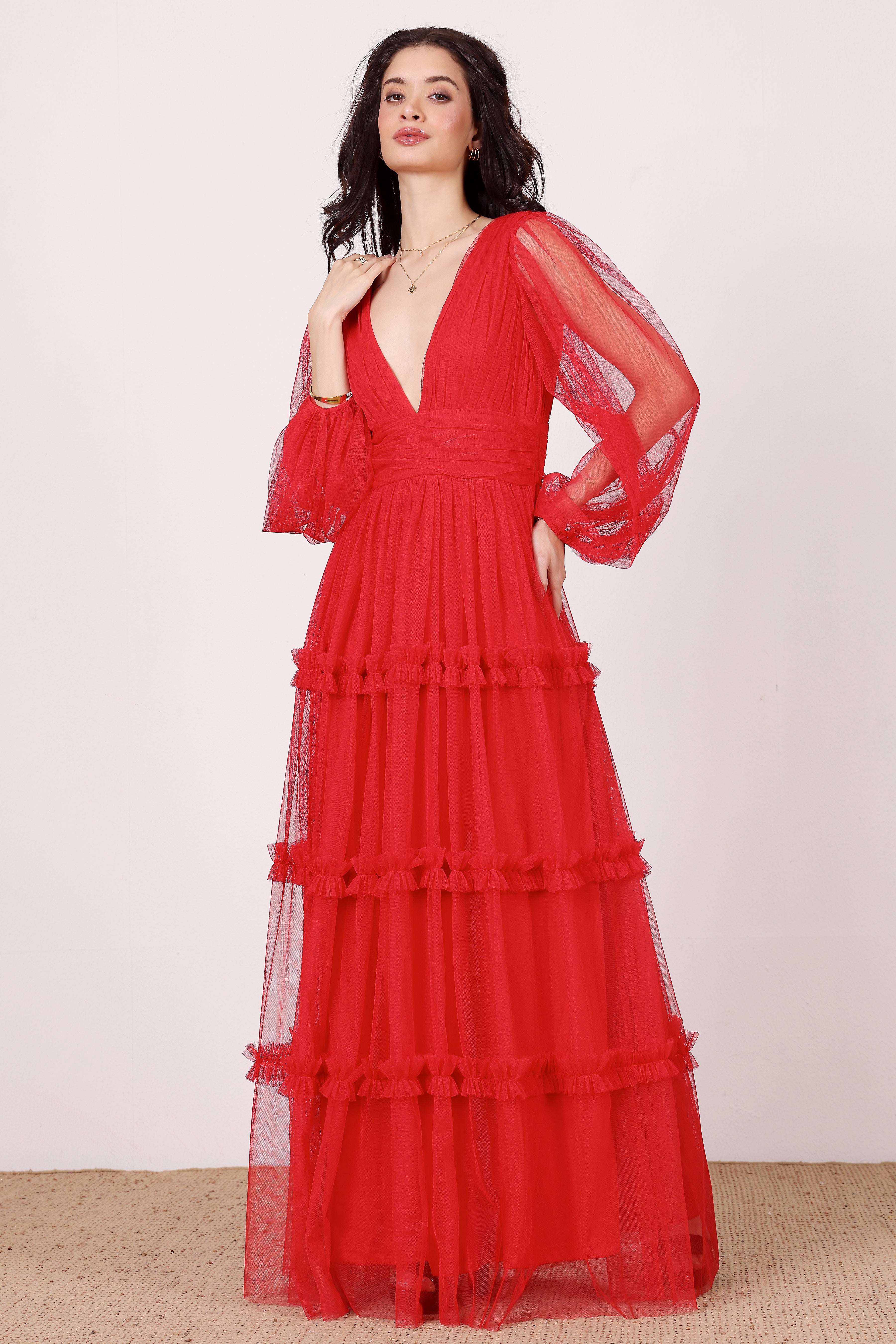 Long sleeve maxi dress deep v-neckline red wedding guest formal tulle