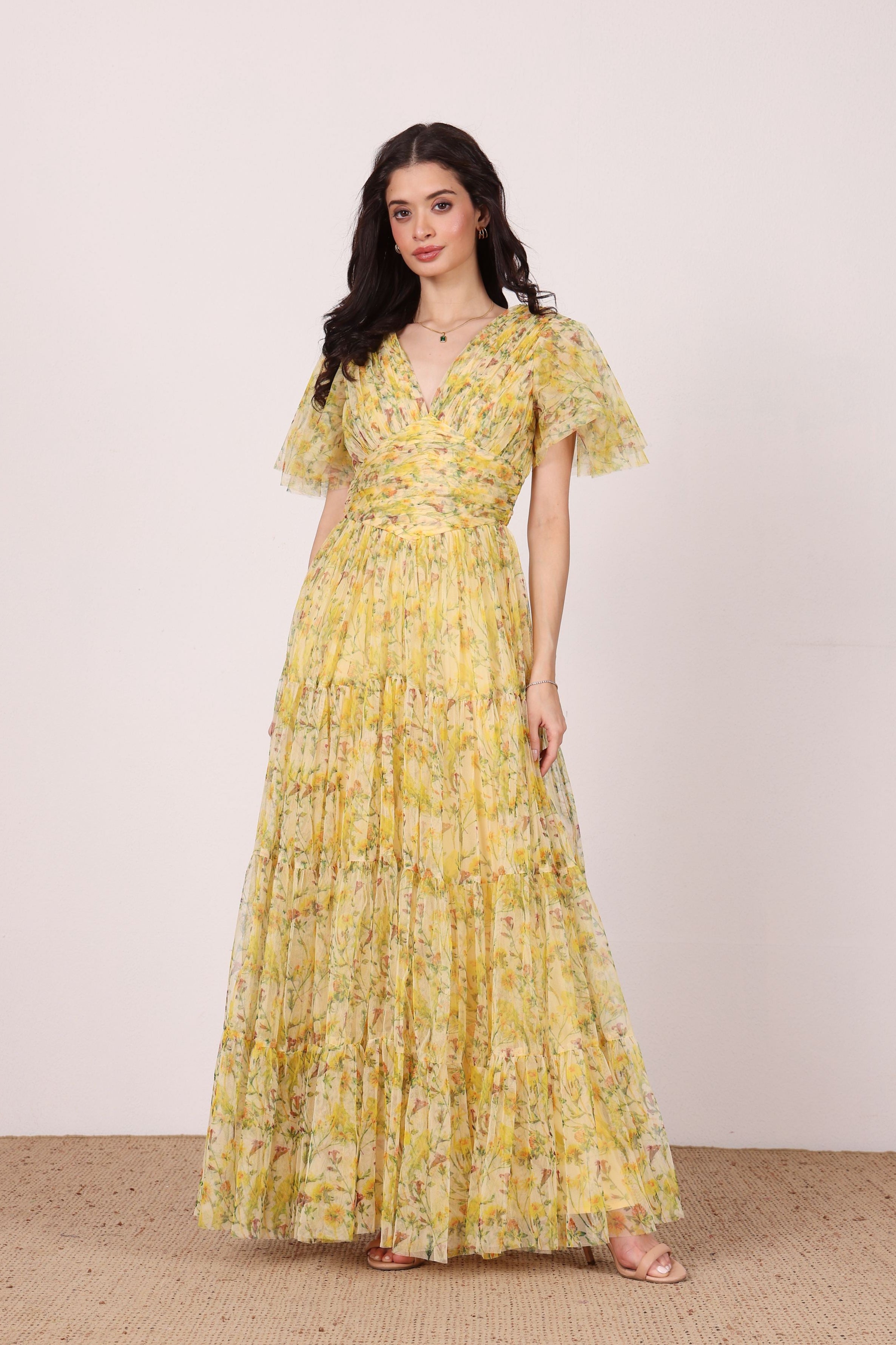 Yellow floral short sleeve v-neckline maxi tulle dress