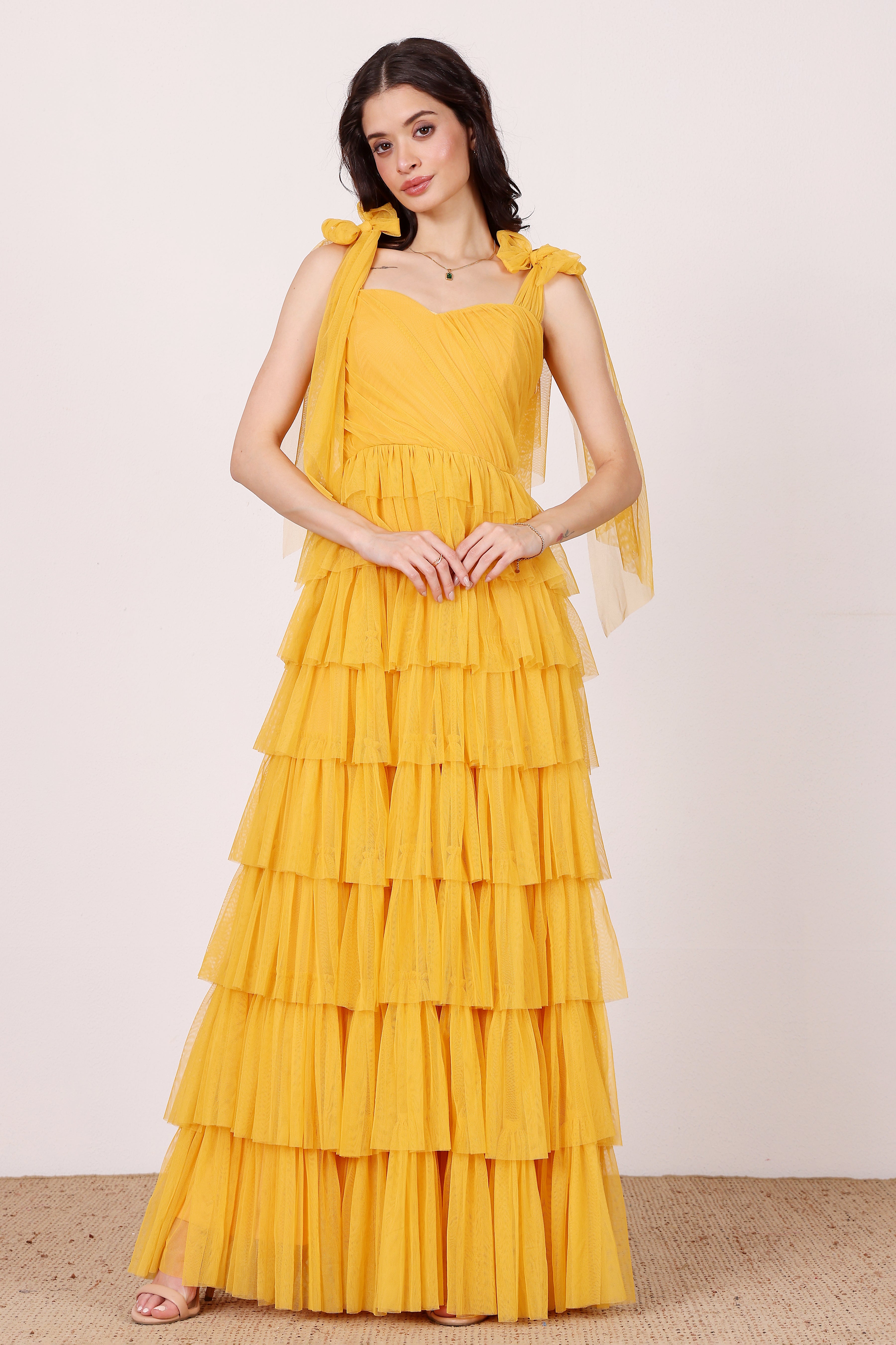 Ophelia tiered maxi dress butterscotch sunset yellow bow shoulder sweetheart neckline tulle mesh formal wedding bridesmaid