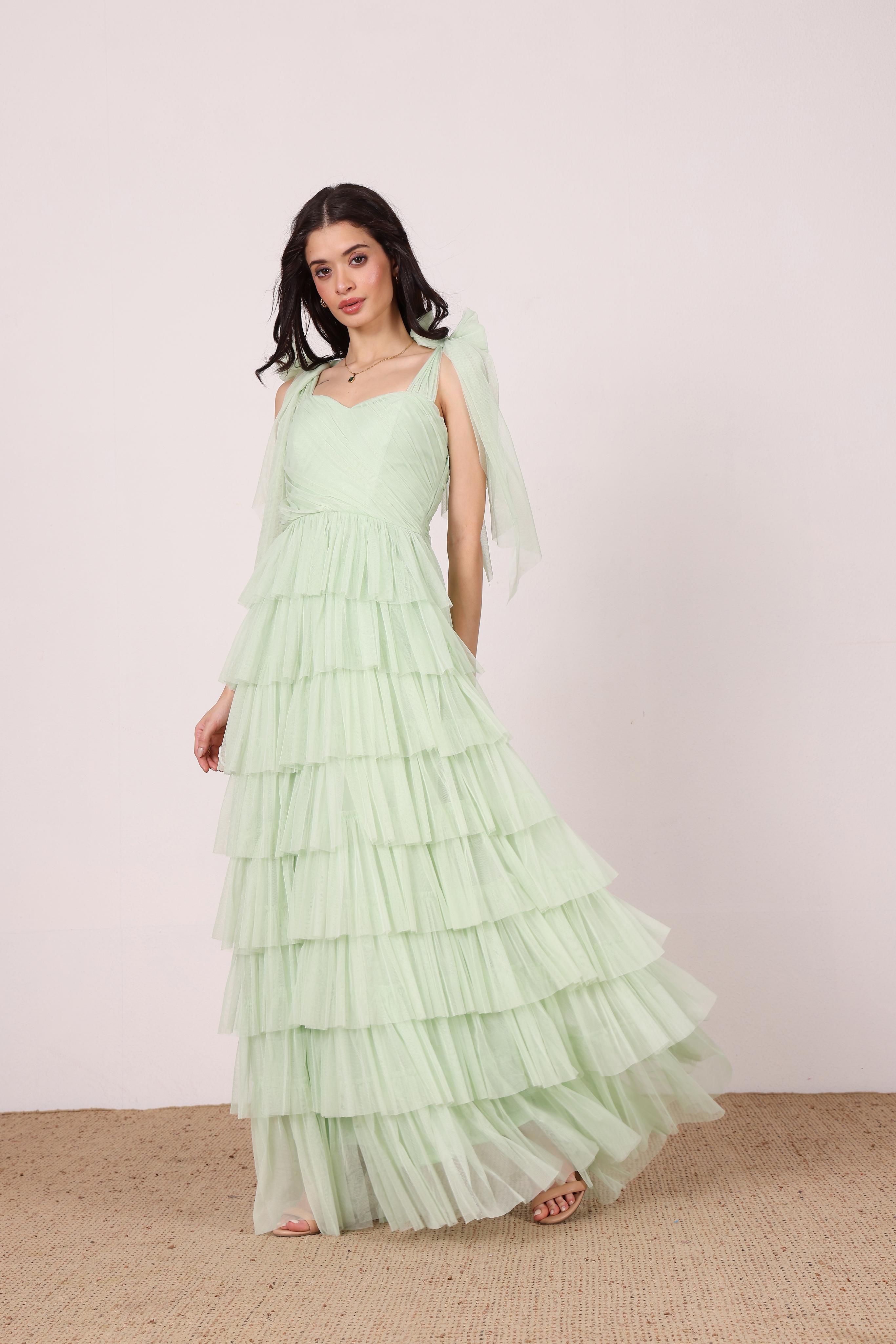 Ophelia Tulle Maxi Dress with Tie Detail in Sage Green