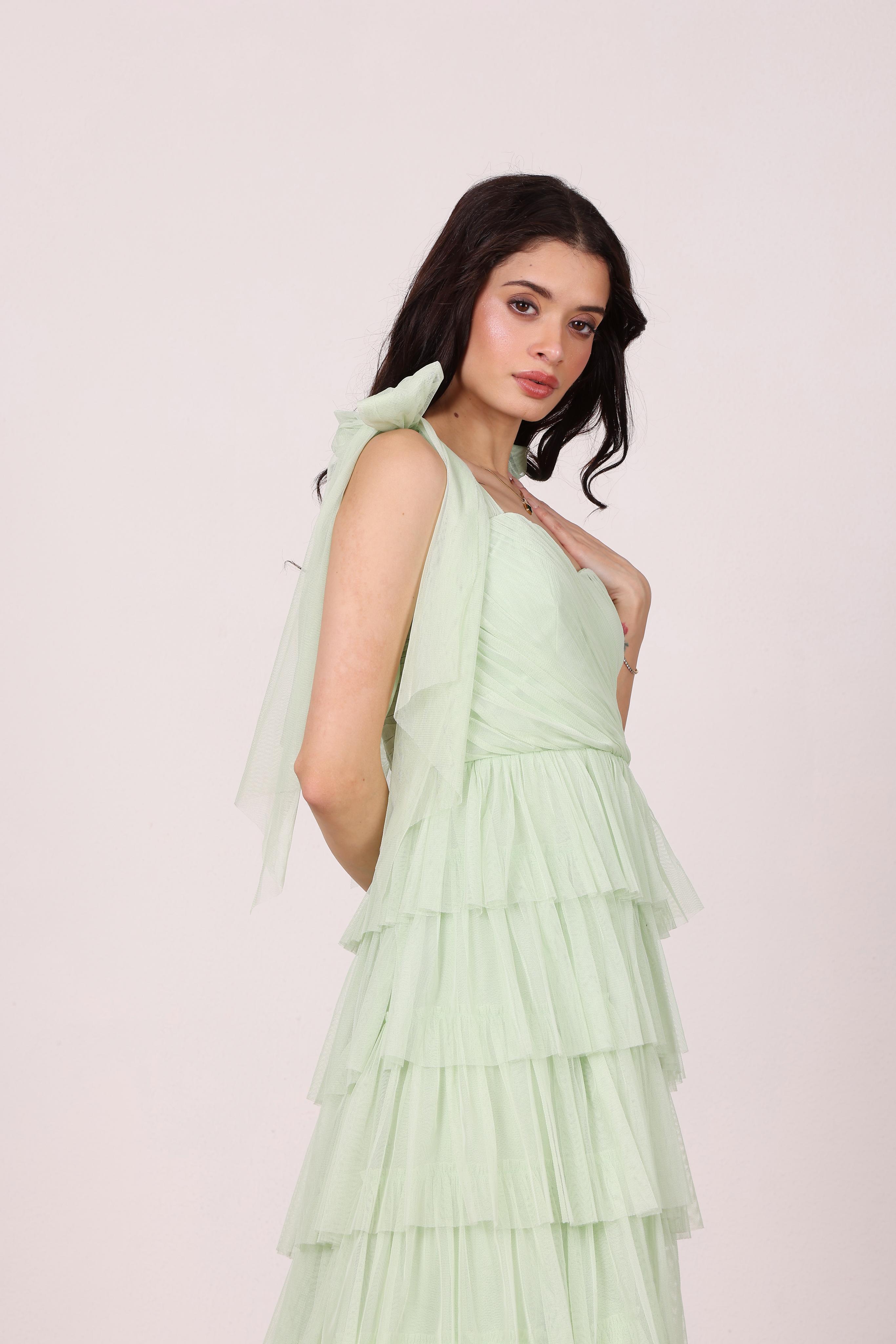Ophelia Tulle Maxi Dress with Tie Detail in Sage Green