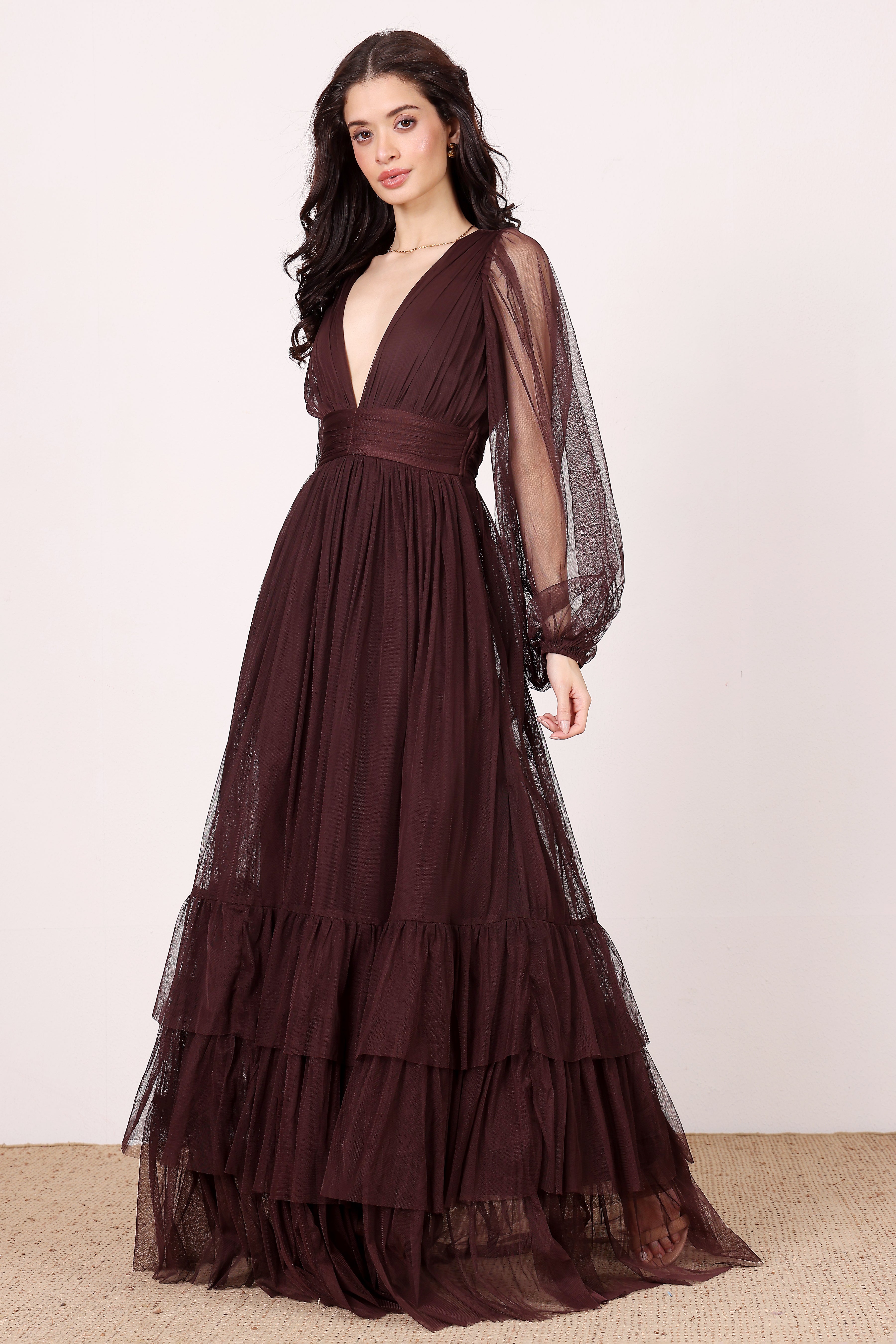 Long sleeve tulle mesh chocolate plum purple brown tiered bridesmaid maxi evening dress