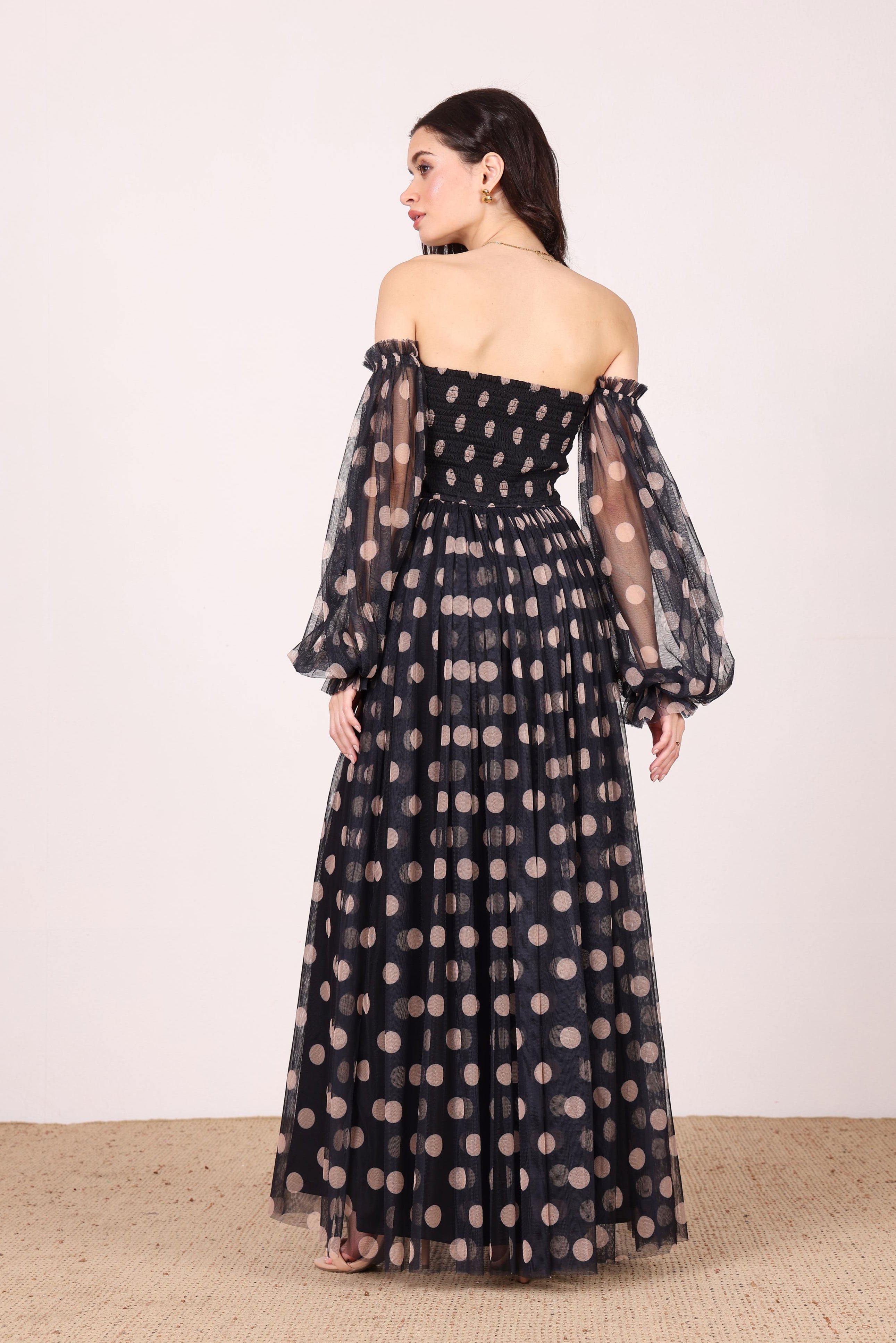 Lana Maxi Dress in Black and Beige Polka Dot