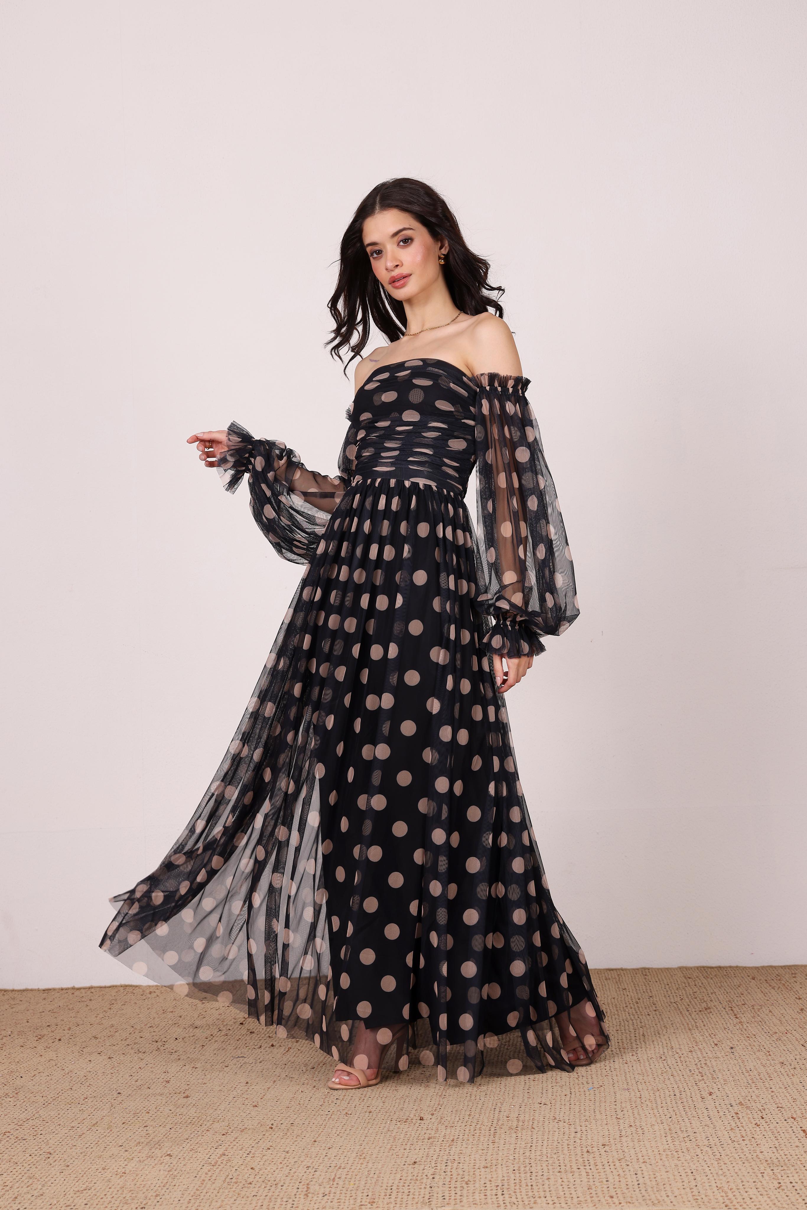 Lana Maxi Dress in Black and Beige Polka Dot