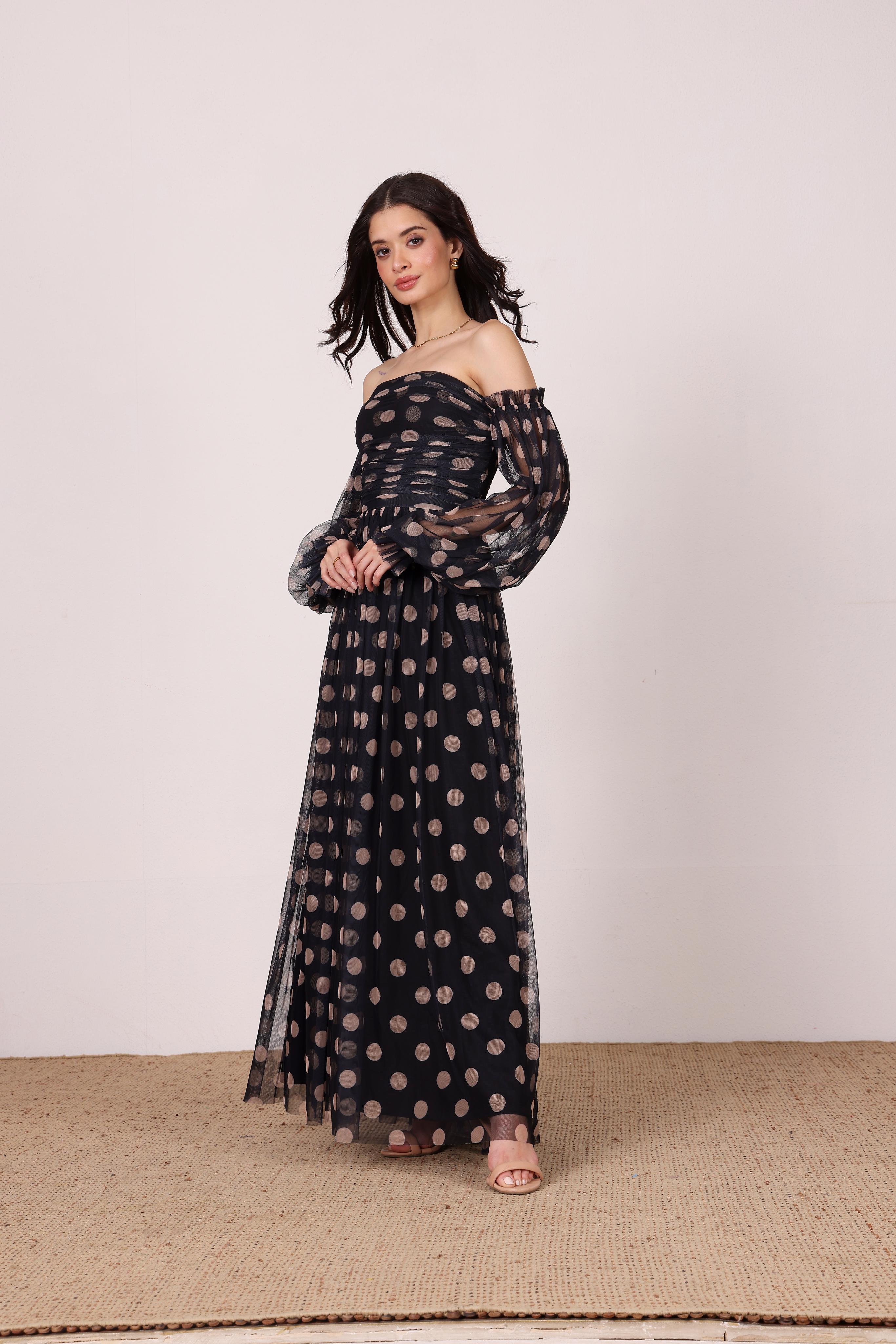 Lana Maxi Dress in Black and Beige Polka Dot