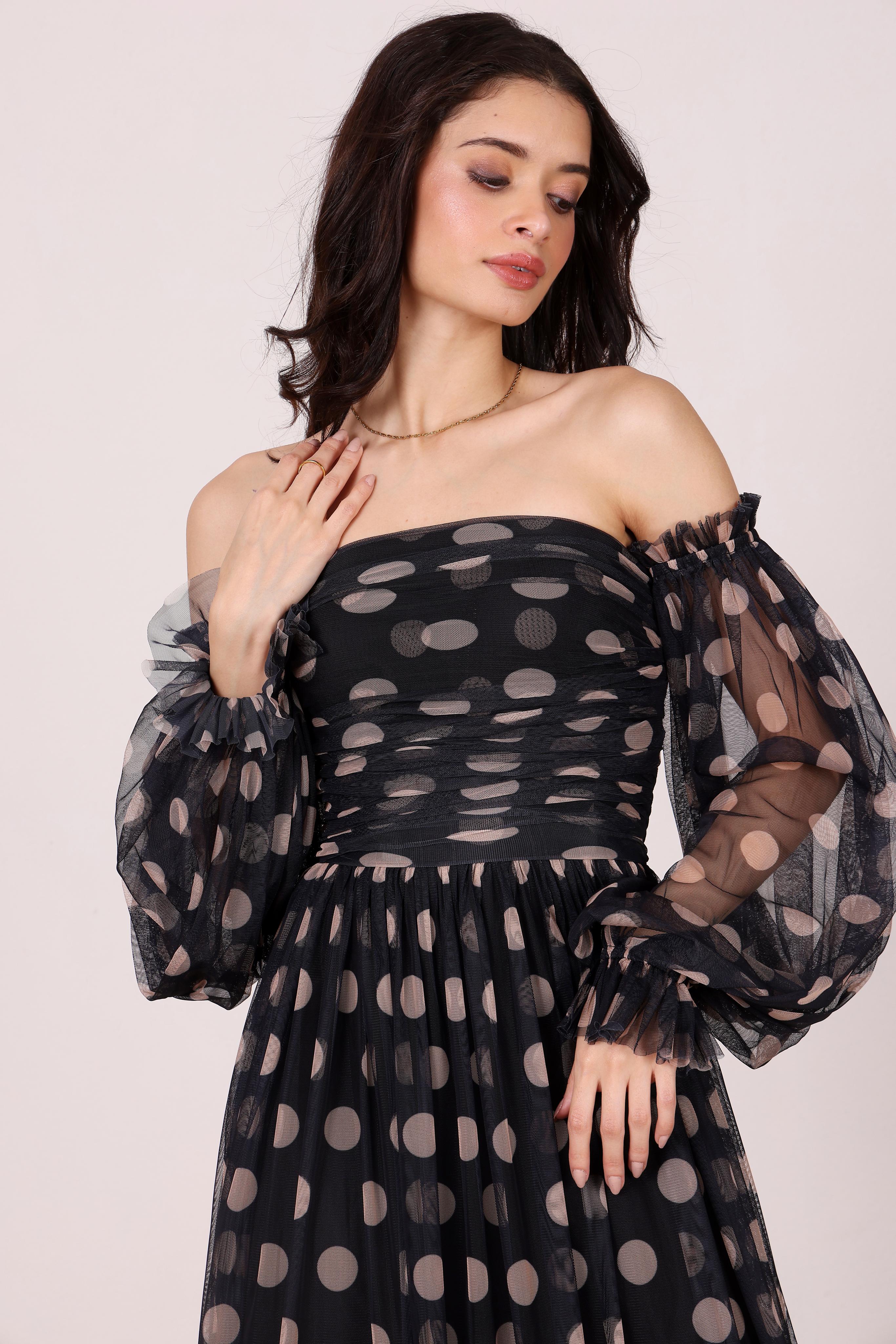 Lana Maxi Dress in Black and Beige Polka Dot