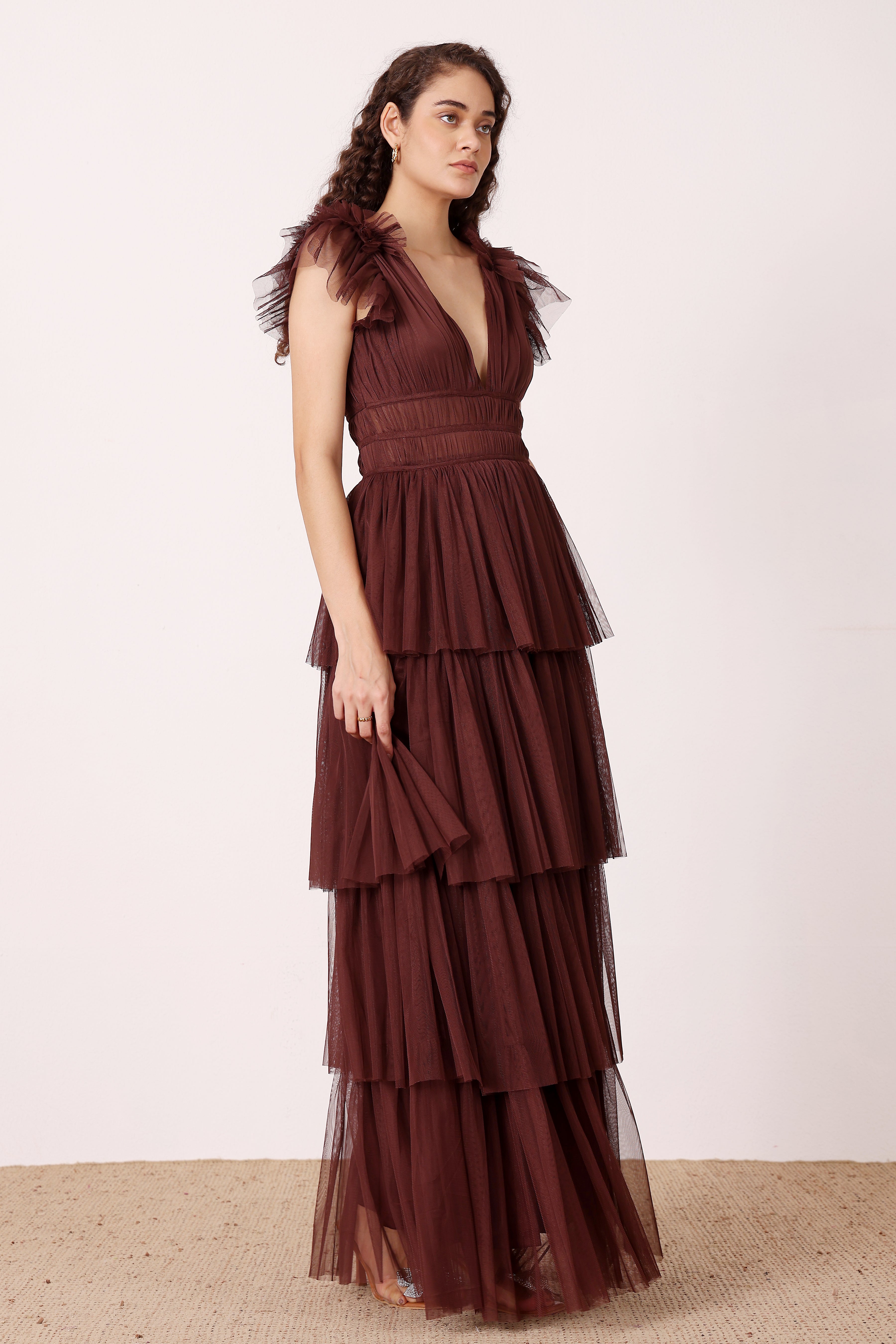 Naomi Tulle Maxi Dress in Deep Brown