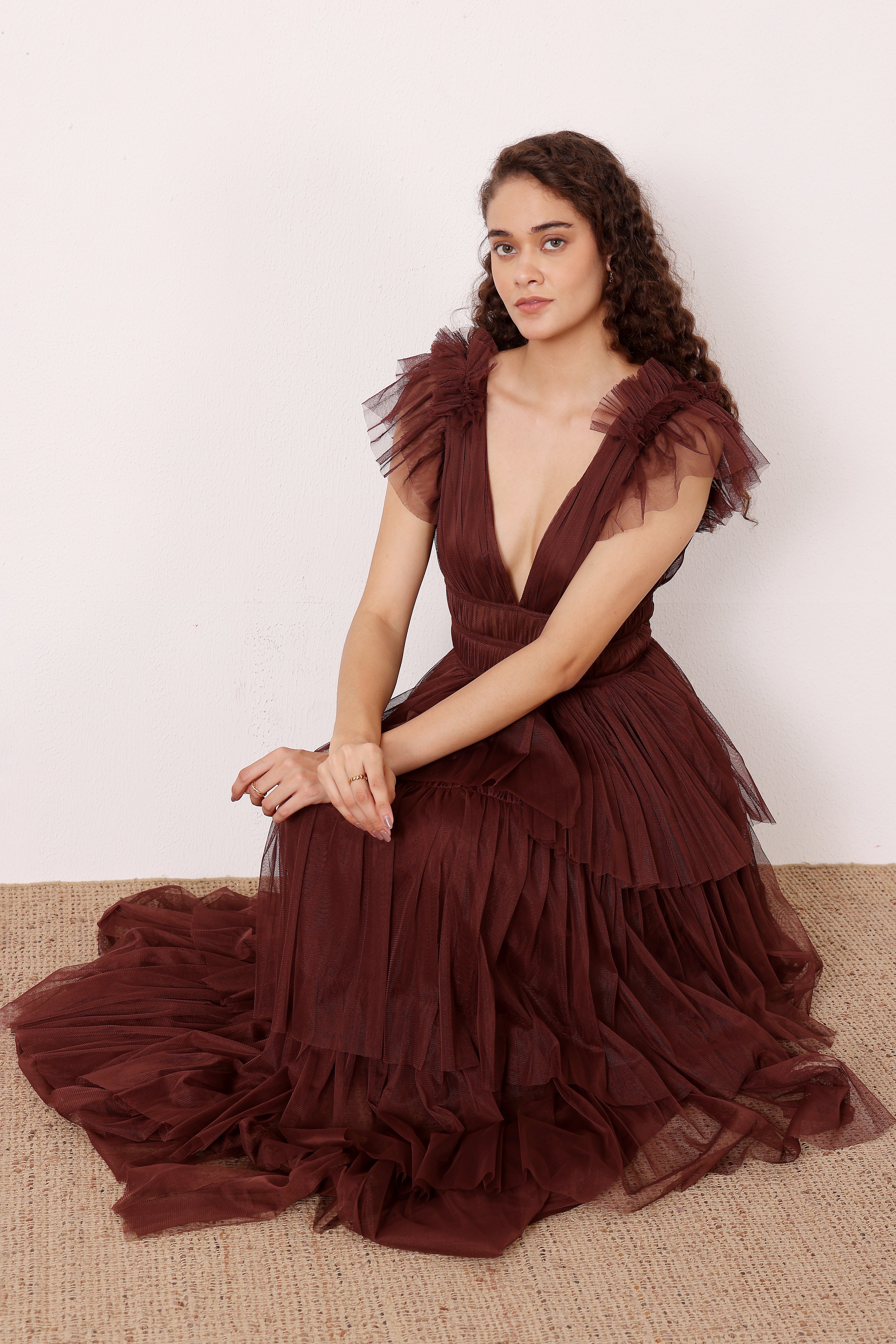 Ruffle shoulder wedding bridesmaid tulle layered maxi dress deep brown
