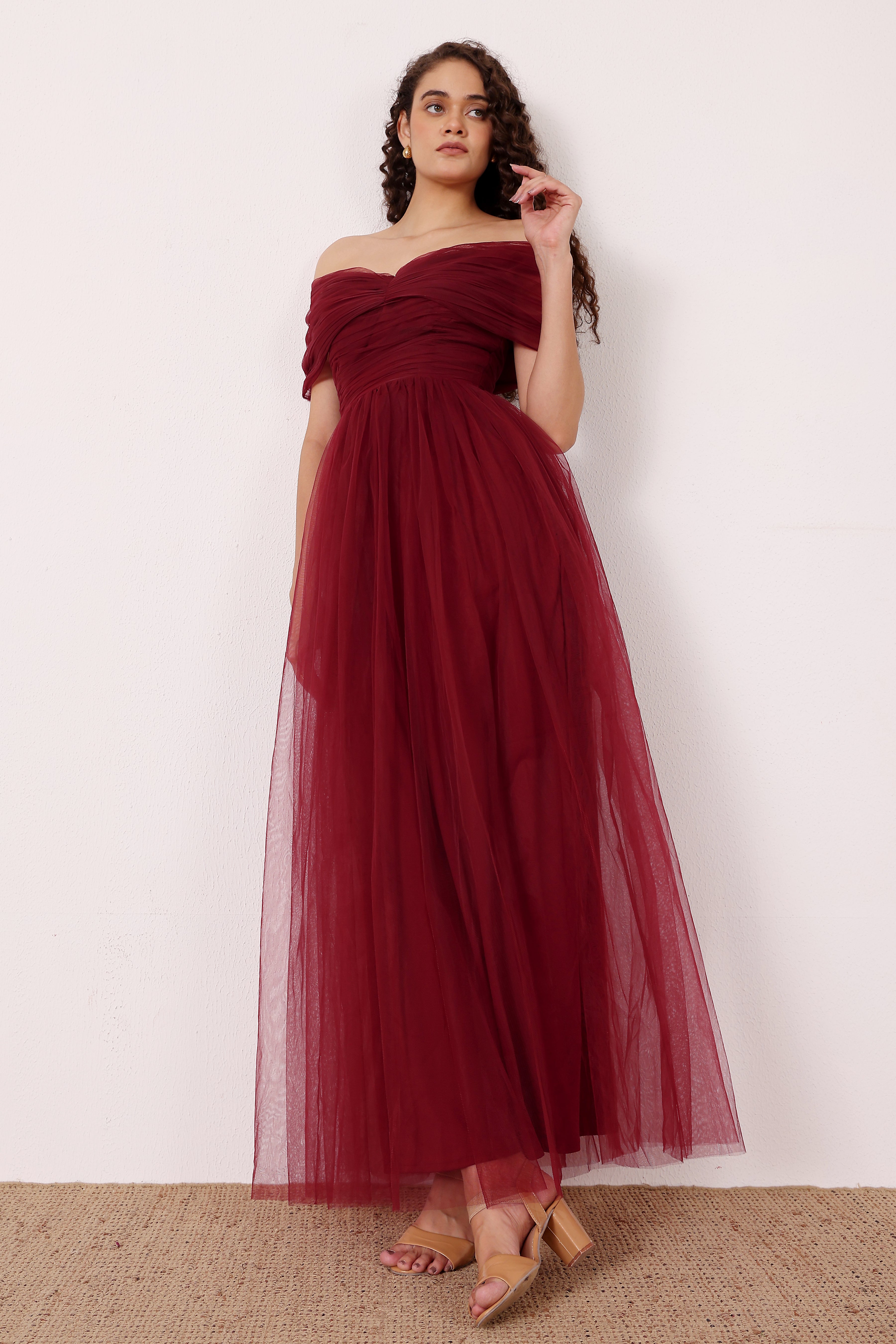 Bow off shoulder formal bridesmaid burgundy wine tulle mesh maxi dress