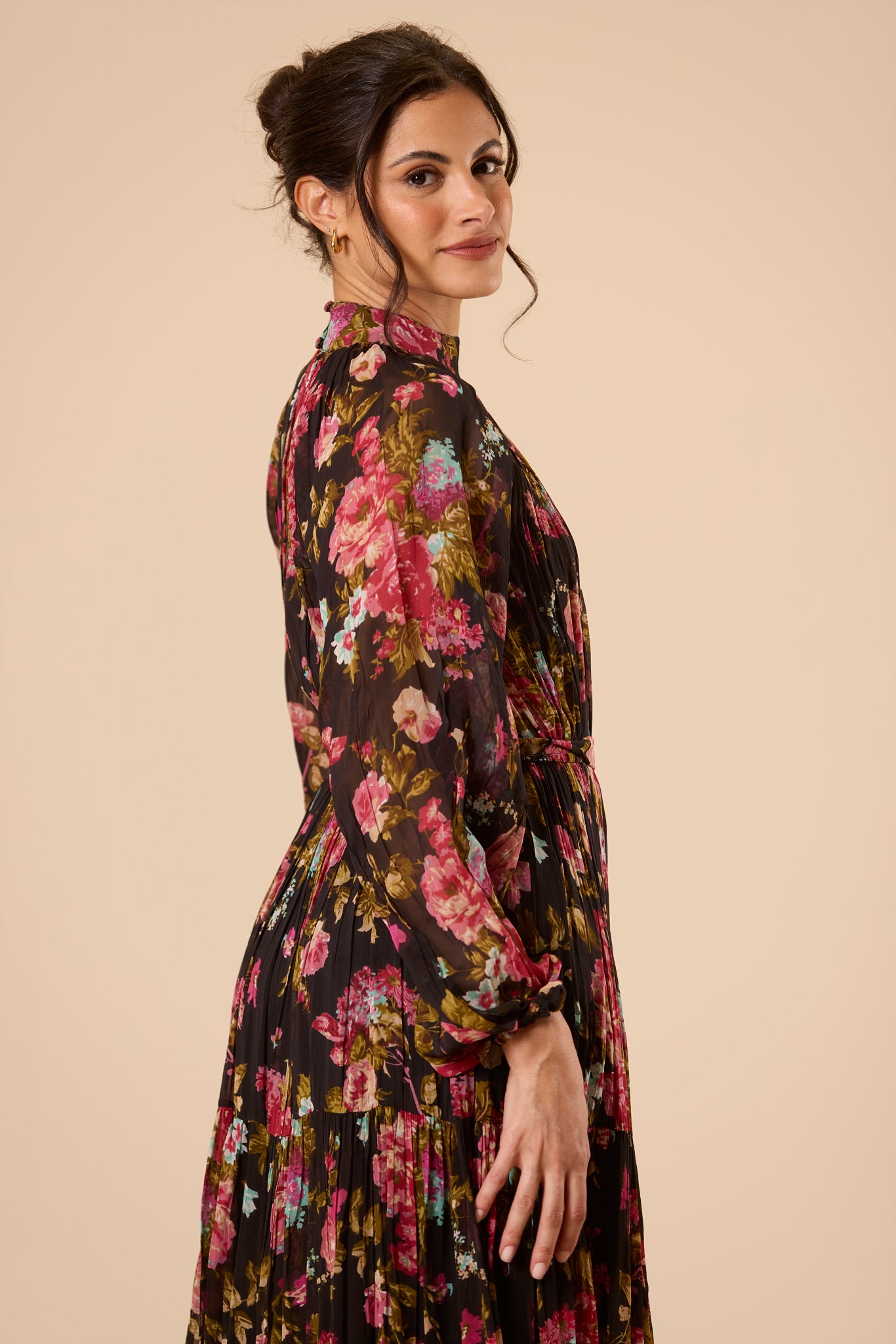 Chiffon Long Sleeve High Neck Black Floral Print Wedding Holiday Vacation Maxi Dress