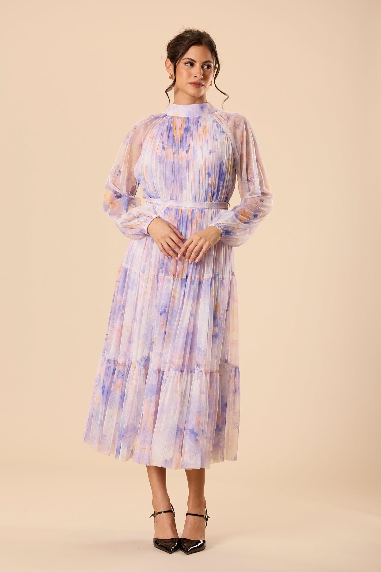 Modest Tulle Long Sleeve A-line Lilac Orange Floral Print Midi Dress