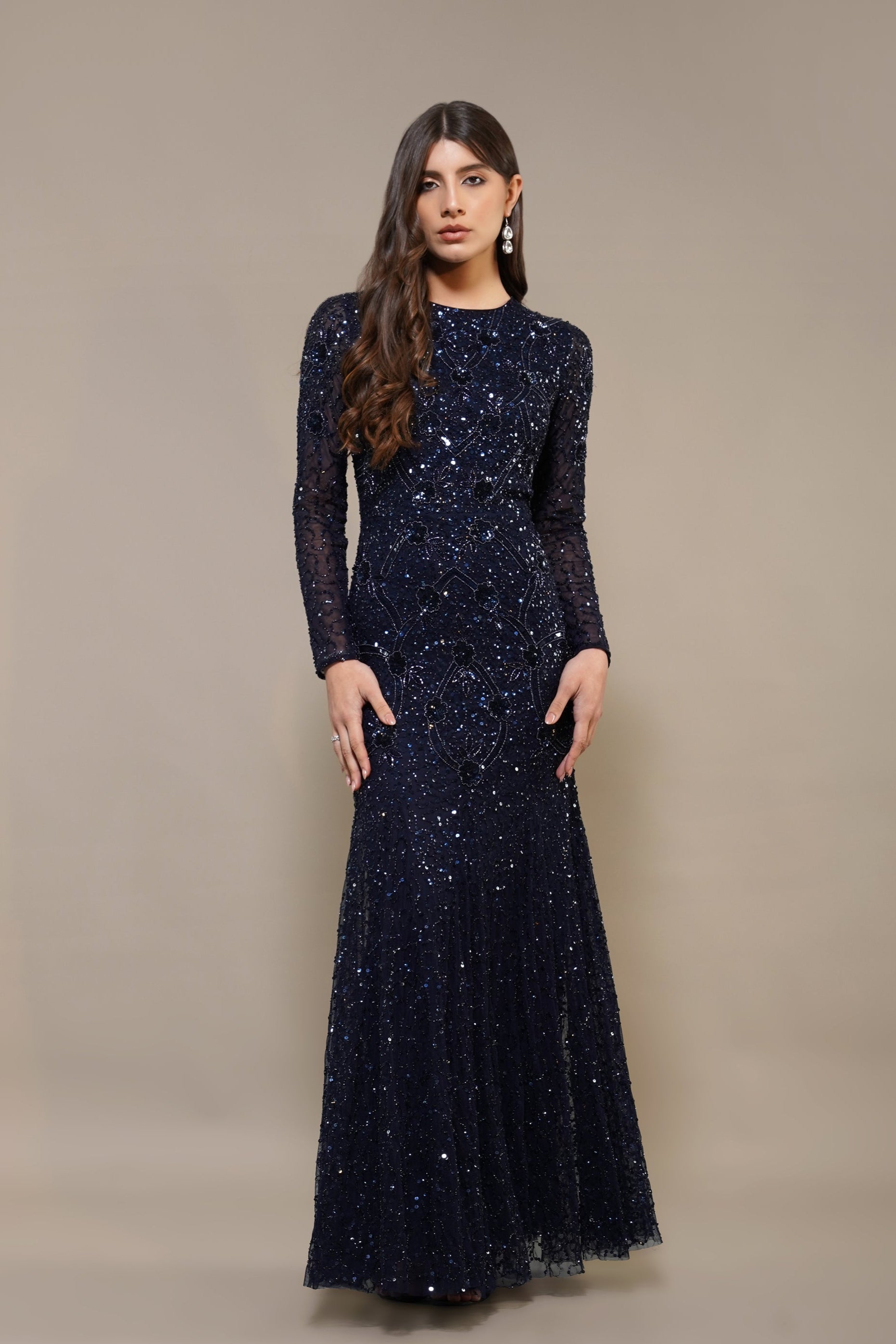 fitted lace wedding dress Zinnia Embellished Maxi Dress in Navy