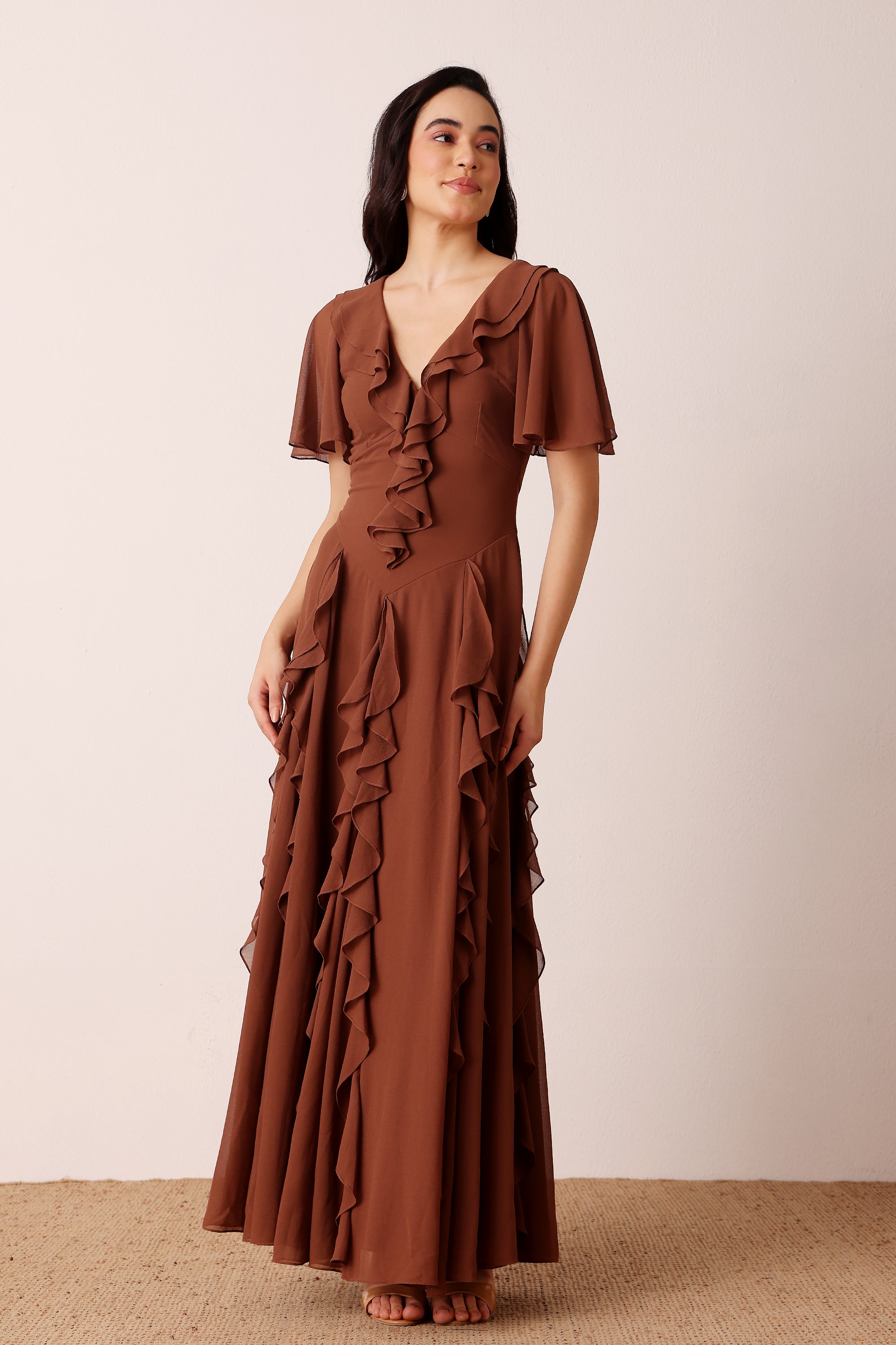 Mocha Brown Ruffle Capped Sleeve Plunging Ocassionwear Maxi Dress