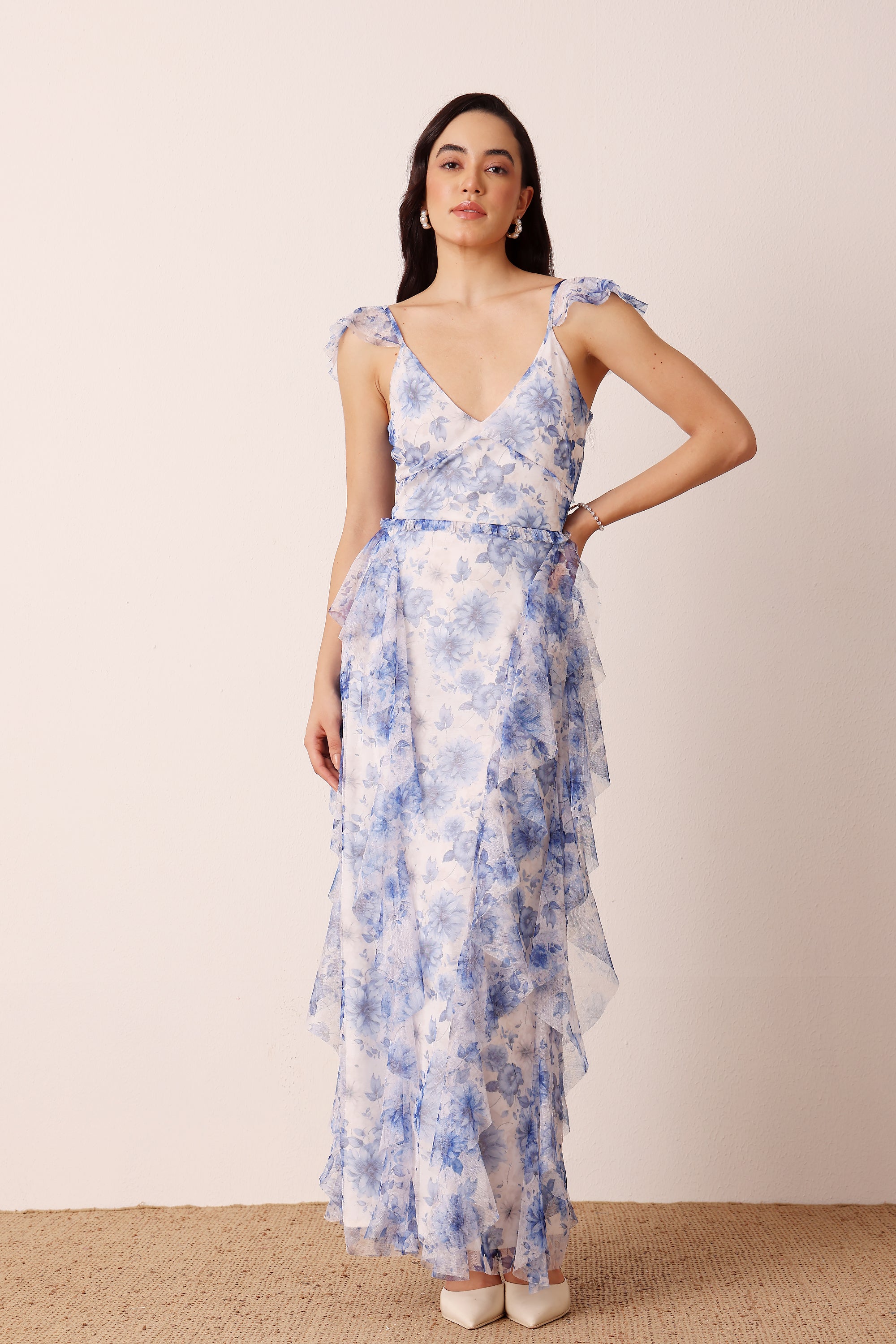 Cap sleeve frill ruffle skirt v-neckline blue floral maxi dress