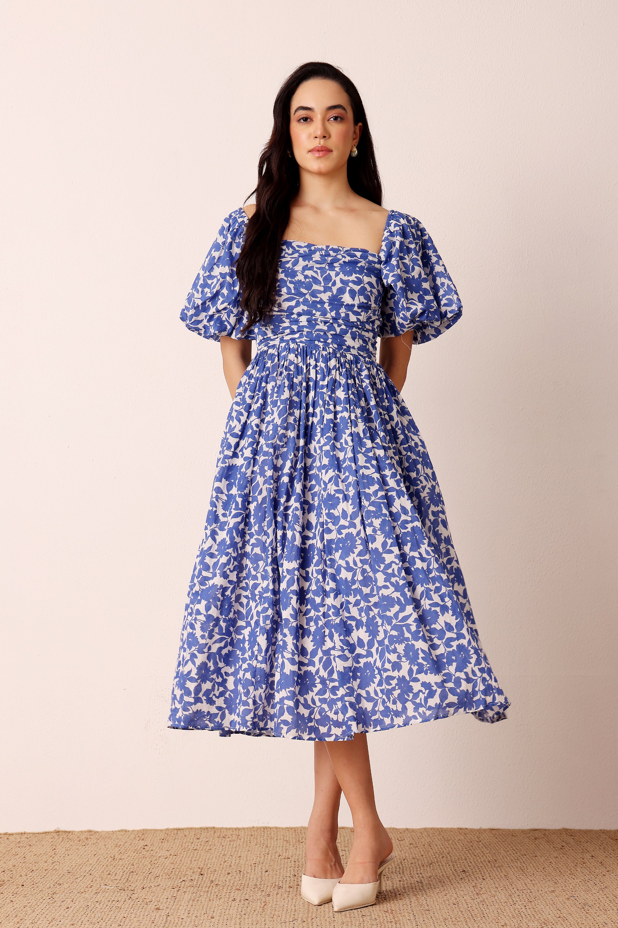 Lana Puff Sleeve Cotton Midi Dress in Blue Leaf Print