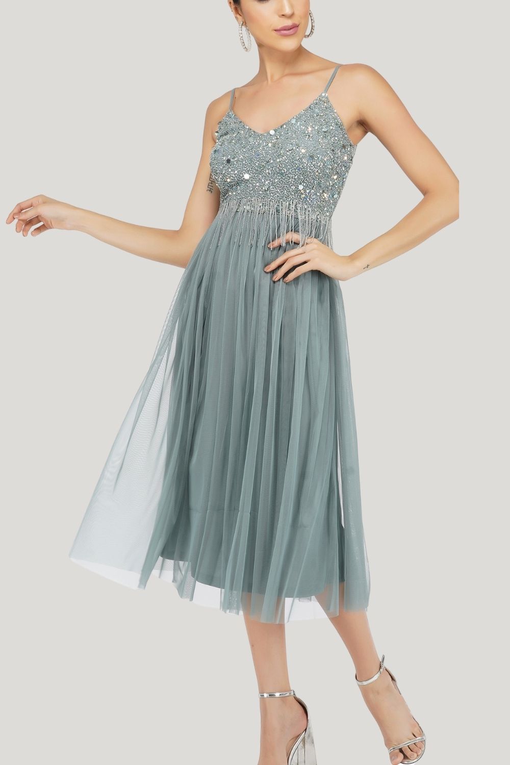 Riri Embellished Midi Dress in Teal