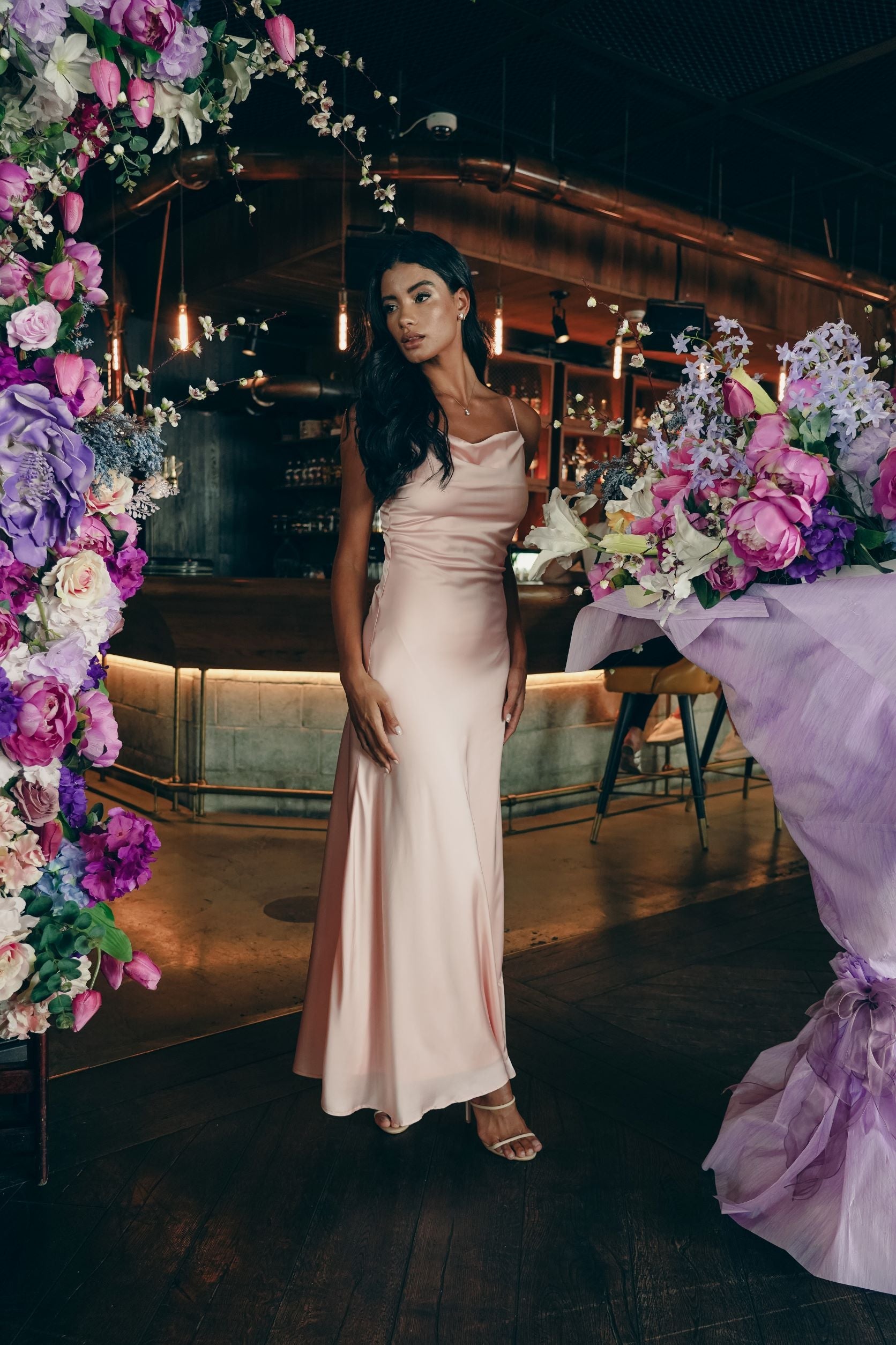 Satin Blush Flowy Dress Satin Maxi Dress With Cowl Neck