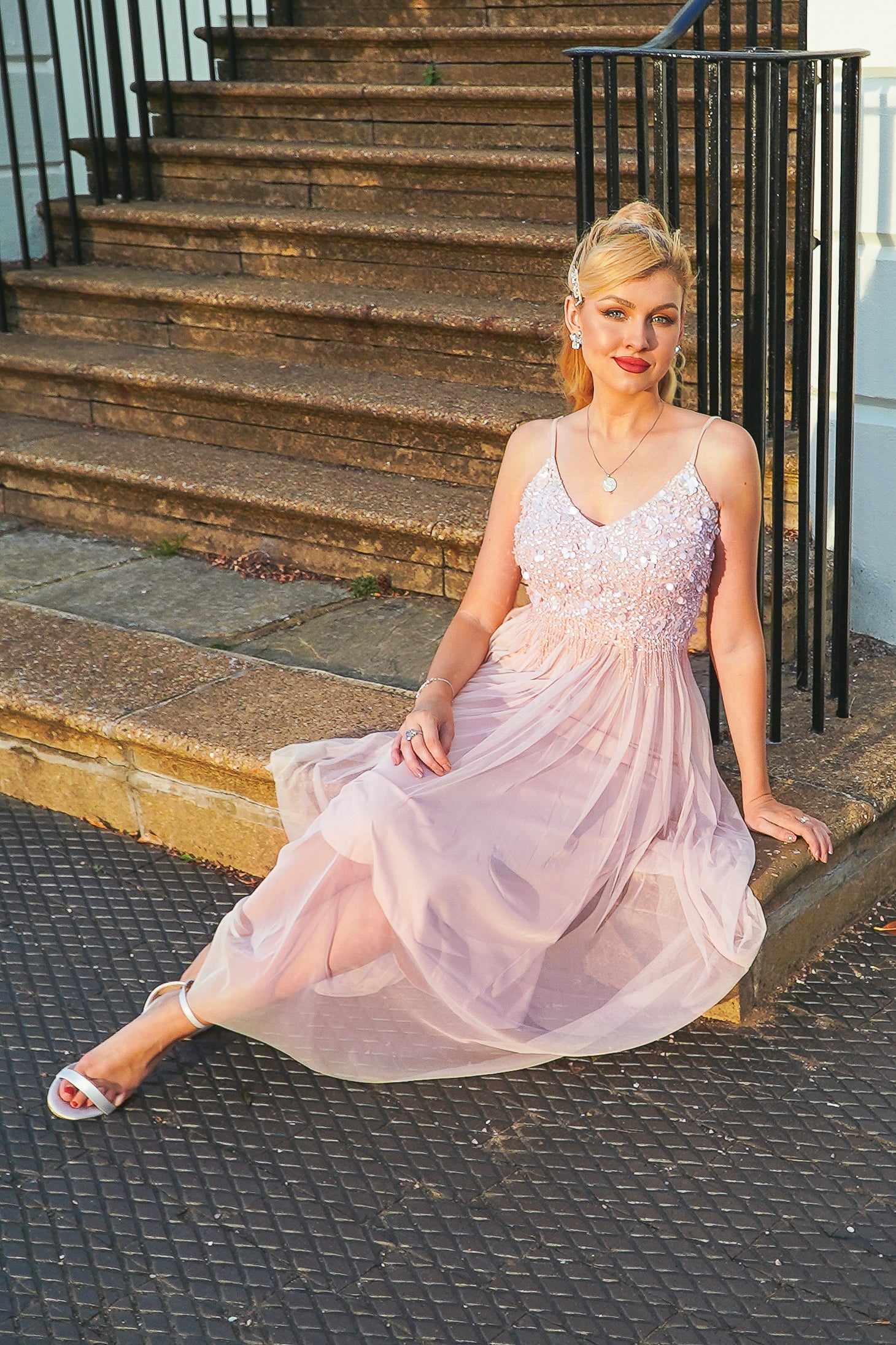 Riri Nude Pink Embellished Midi Dress