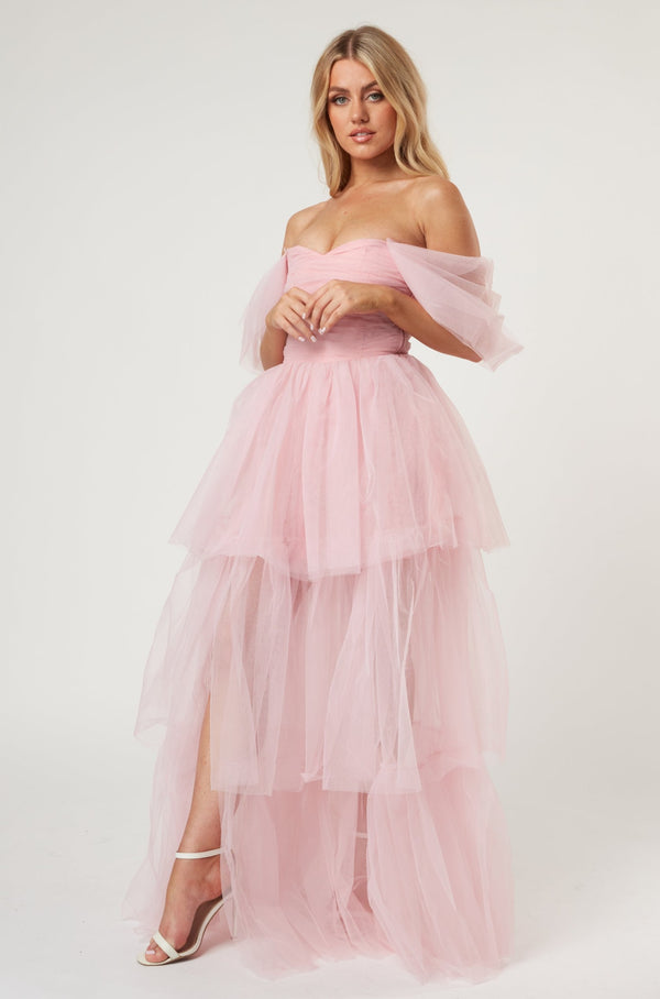 Sydney Off Shoulder Tulle Maxi Dress in Powder Pink