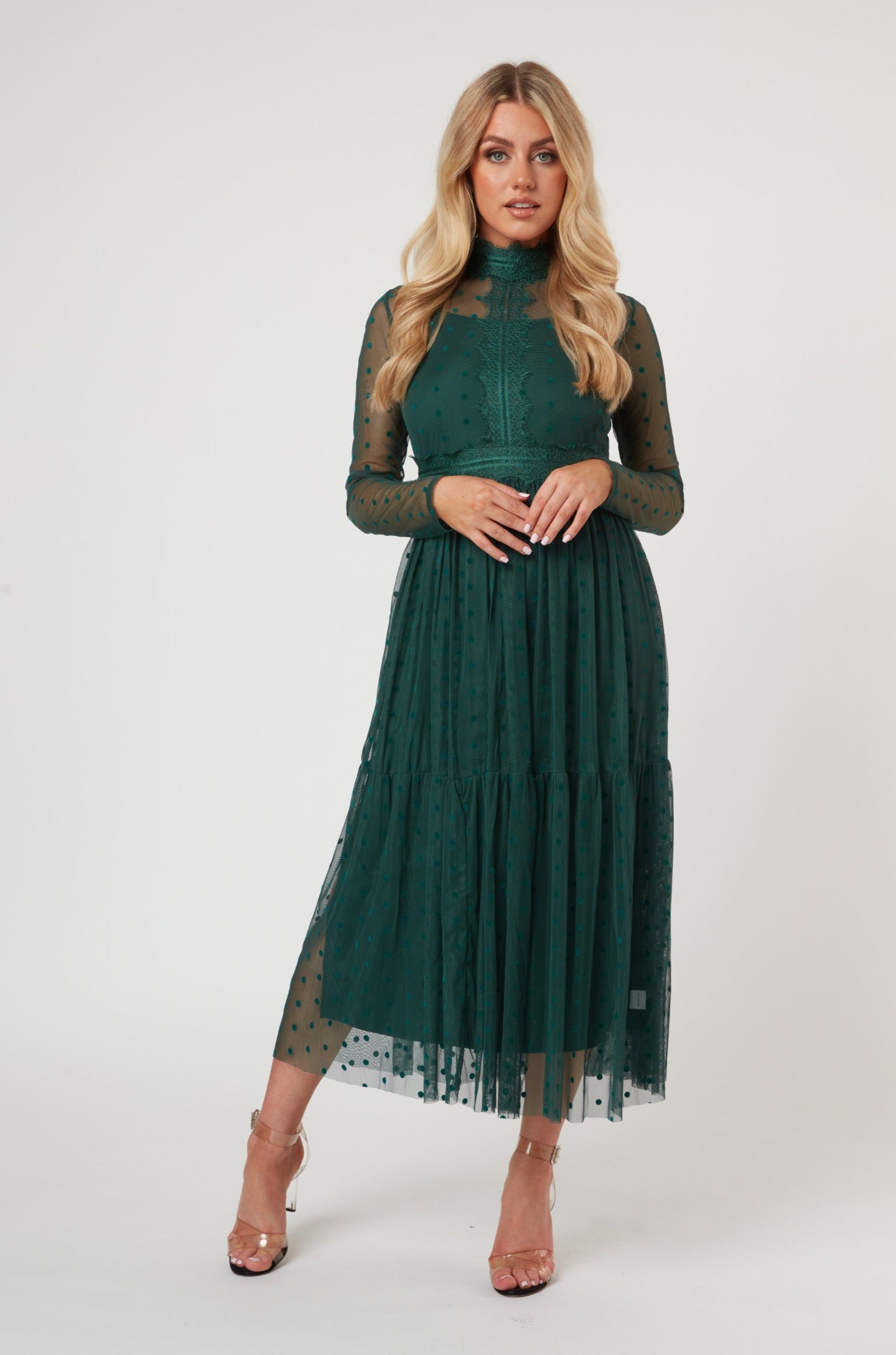 Roman Lola Polka Dot Tulle Midi Dress in Green Roman Lola Polka Dot Tulle Midi Dress in Green