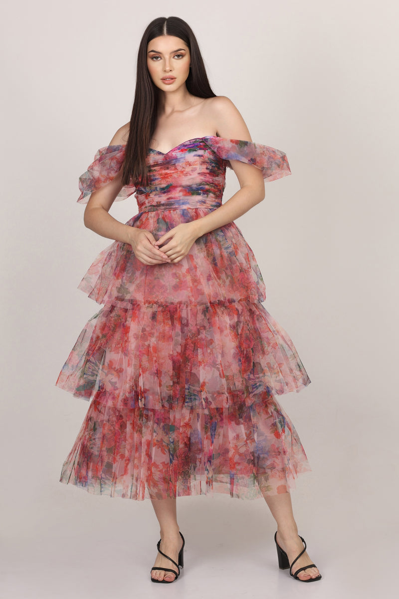 Sydney Tulle Midi Dress in Rose Floral