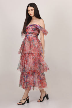 Sydney Tulle Midi Dress in Rose Floral