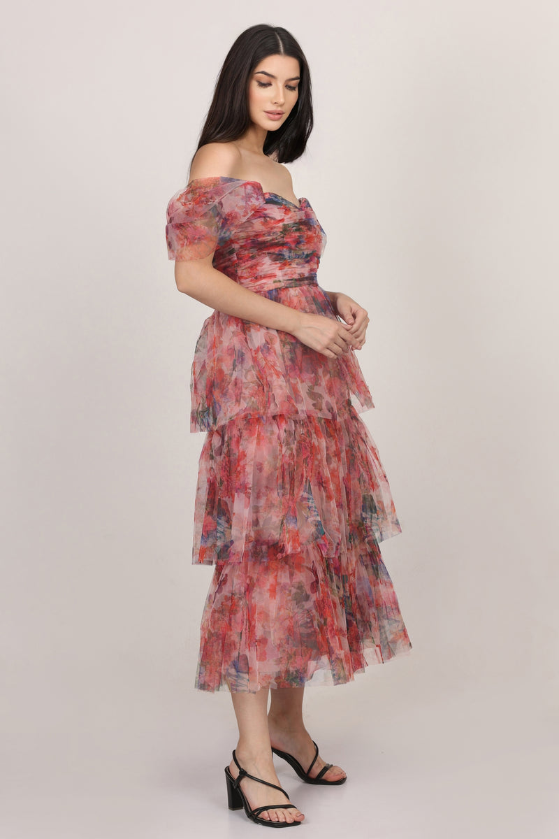 Sydney Tulle Midi Dress in Rose Floral