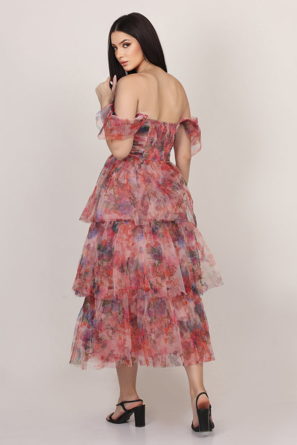 Sydney Tulle Midi Dress in Rose Floral