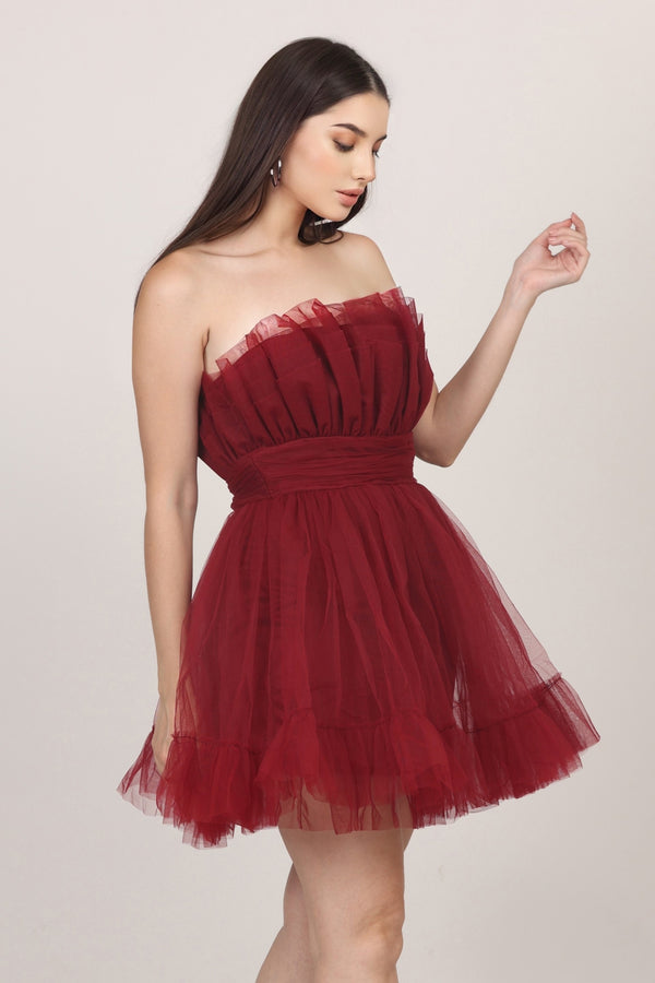 Caspian Tulle Mini Dress in Astro Red