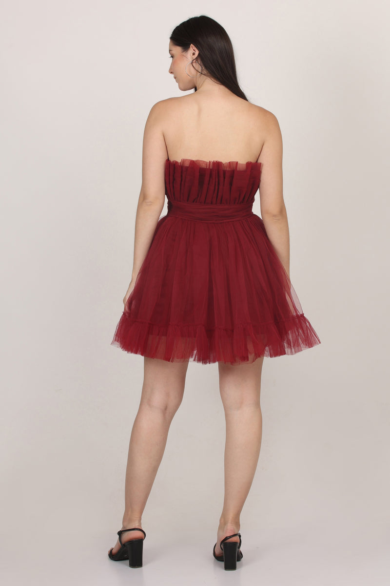 Caspian Tulle Mini Dress in Astro Red
