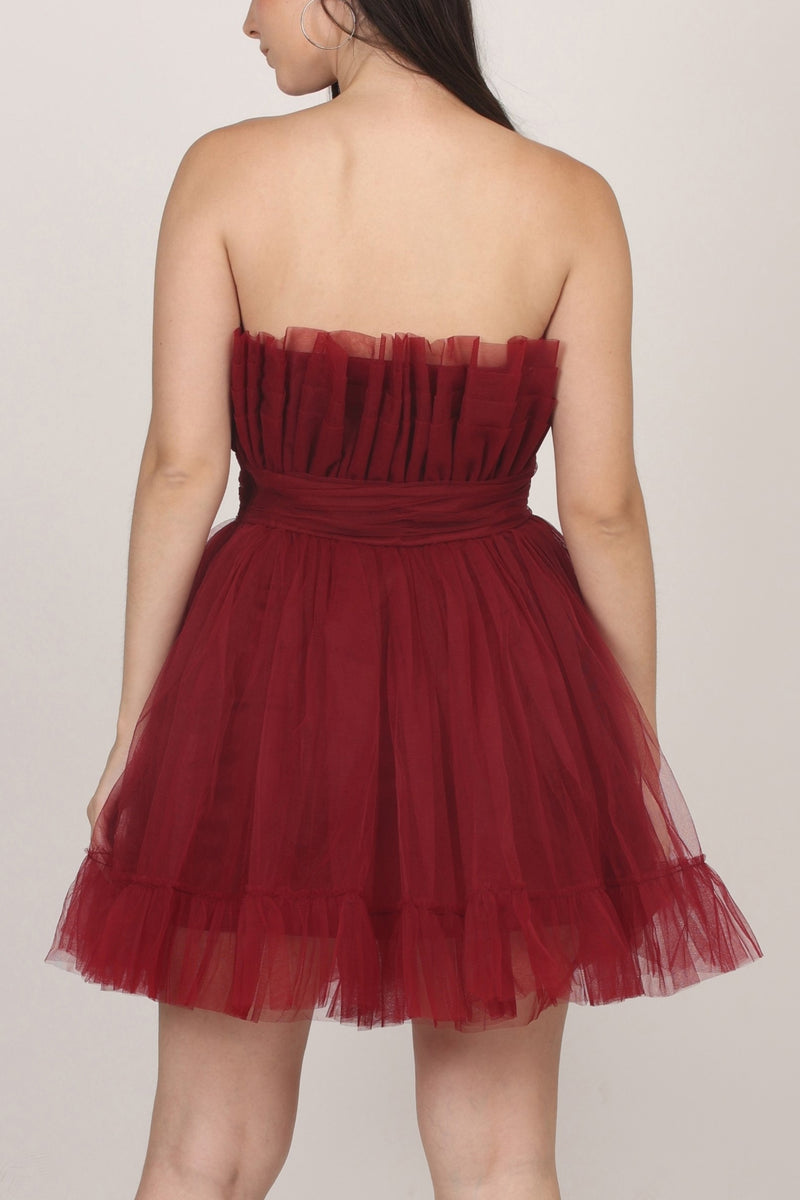 Caspian Tulle Mini Dress in Astro Red