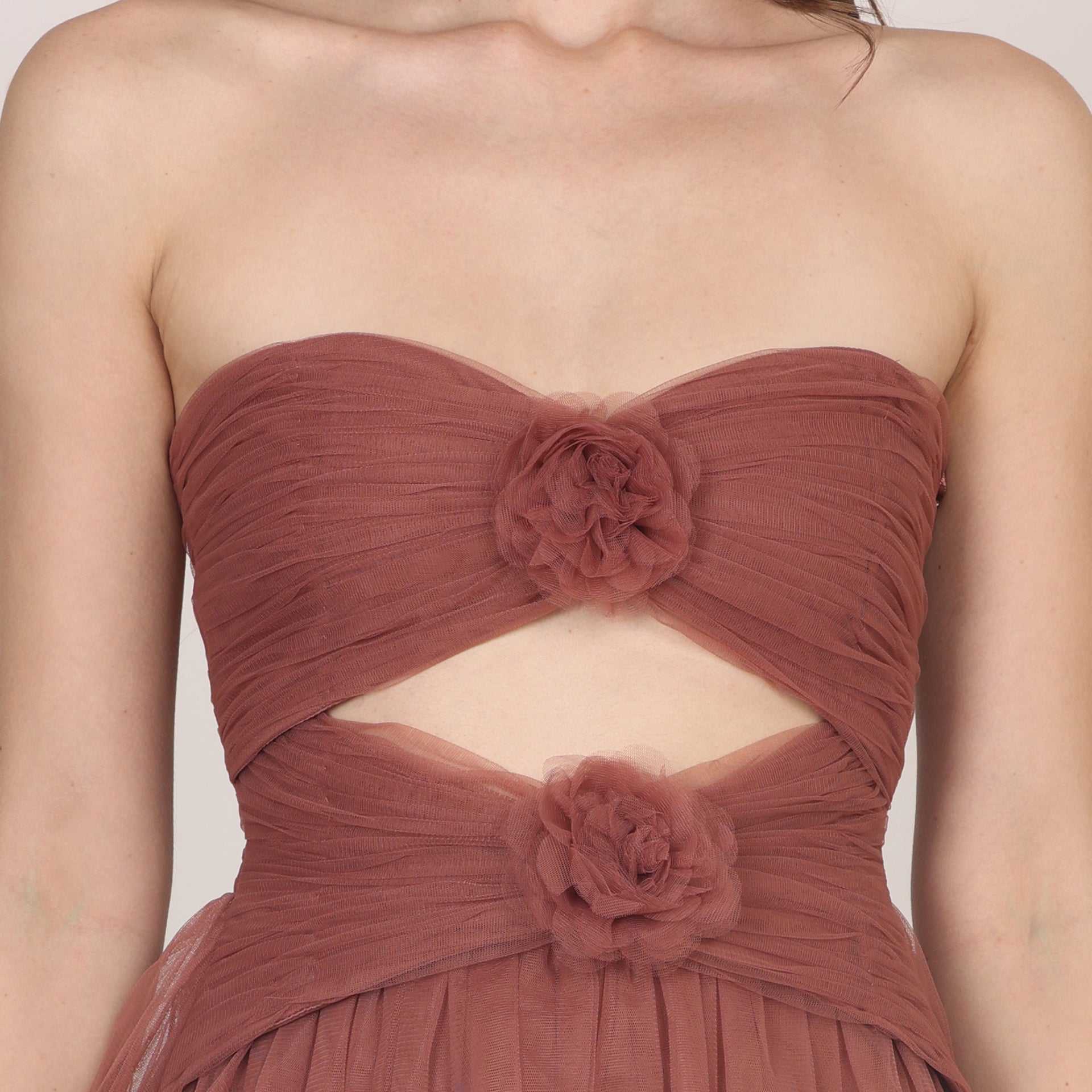 Aurora Corsage Tulle Mini Dress in Rose Brown
