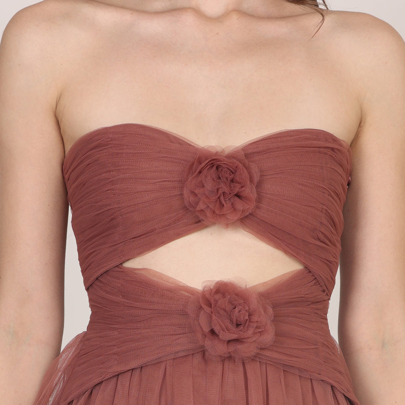 Aurora Corsage Mini Dress in Rose Brown
