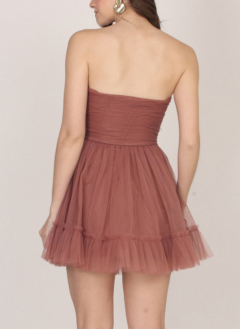 Aurora Corsage Mini Dress in Rose Brown