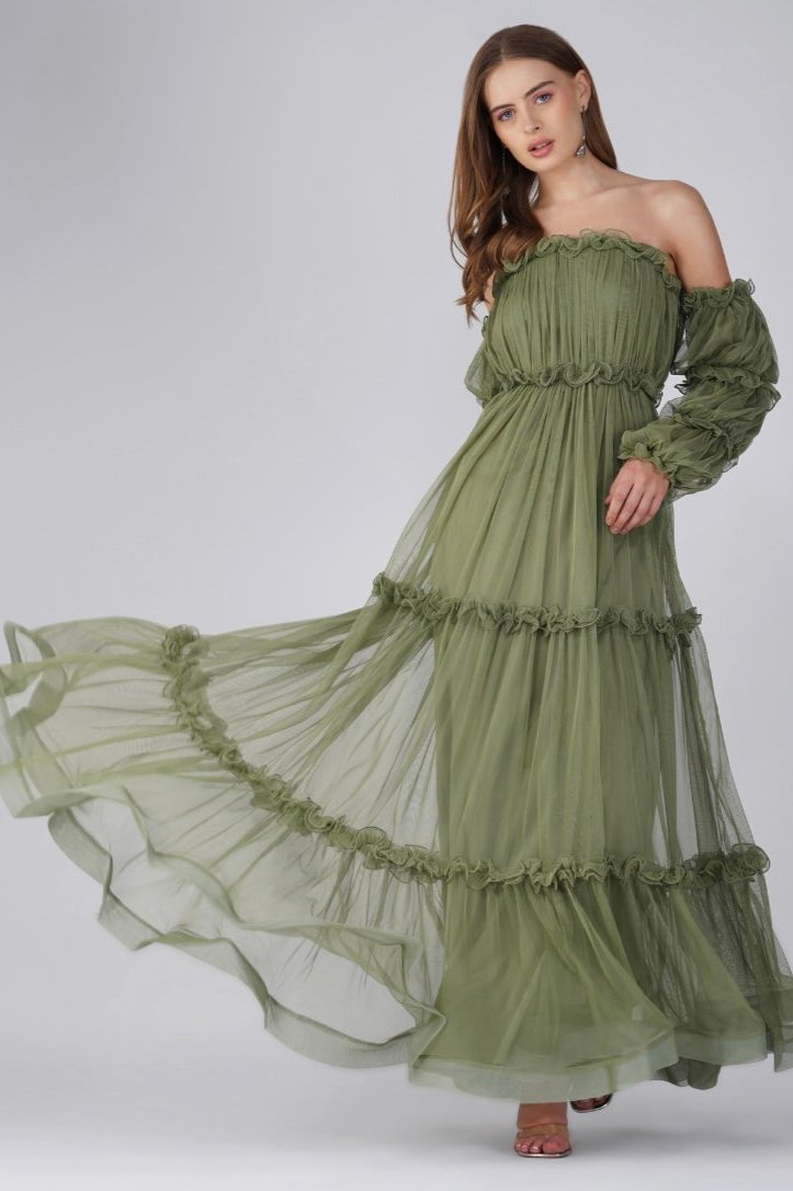 Emmeline Tulle Maxi Dress in Soft Olive