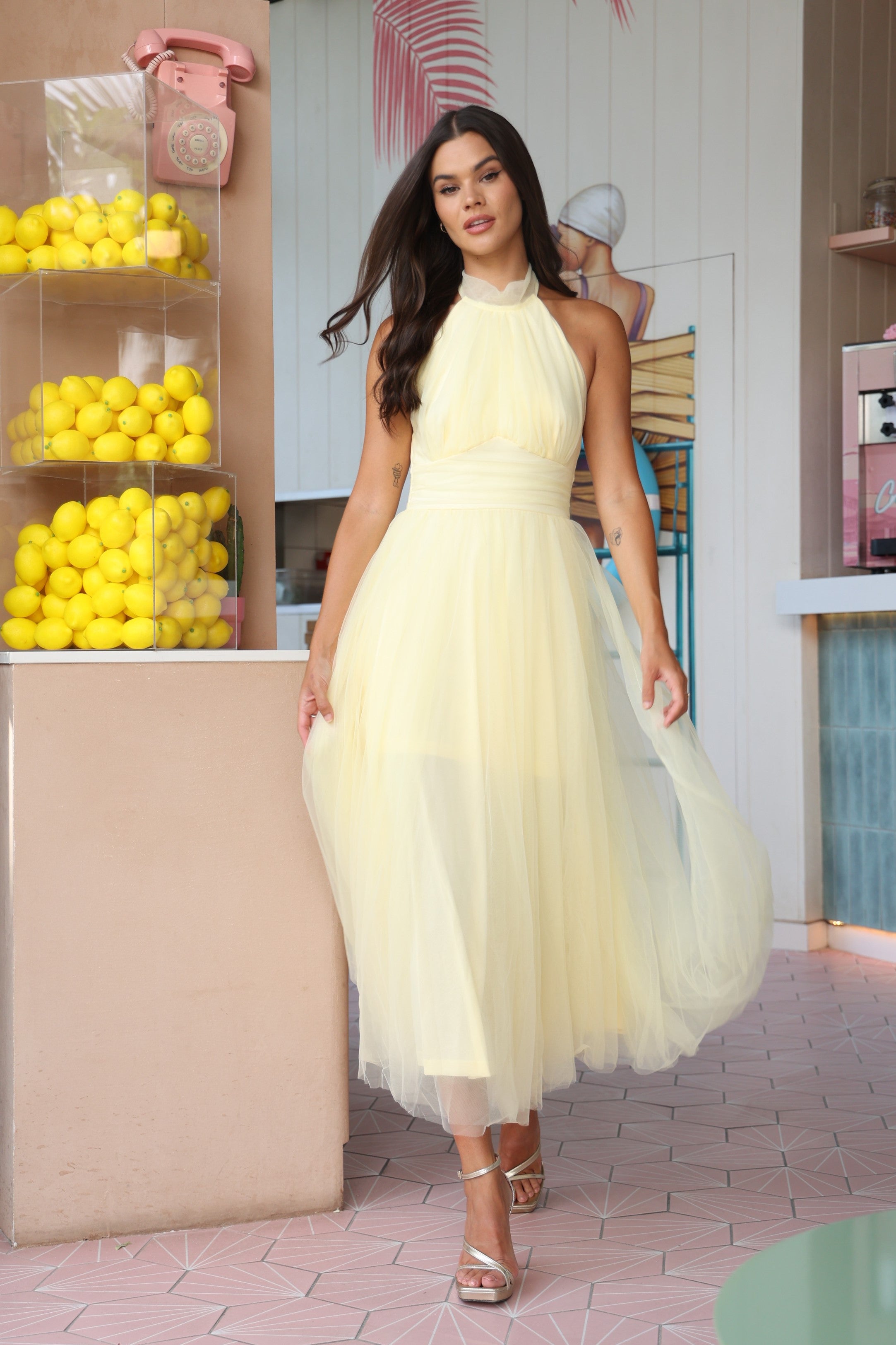 open lace back dress Vera Tulle Midi Dress in Butter Yellow – Lace & Beads