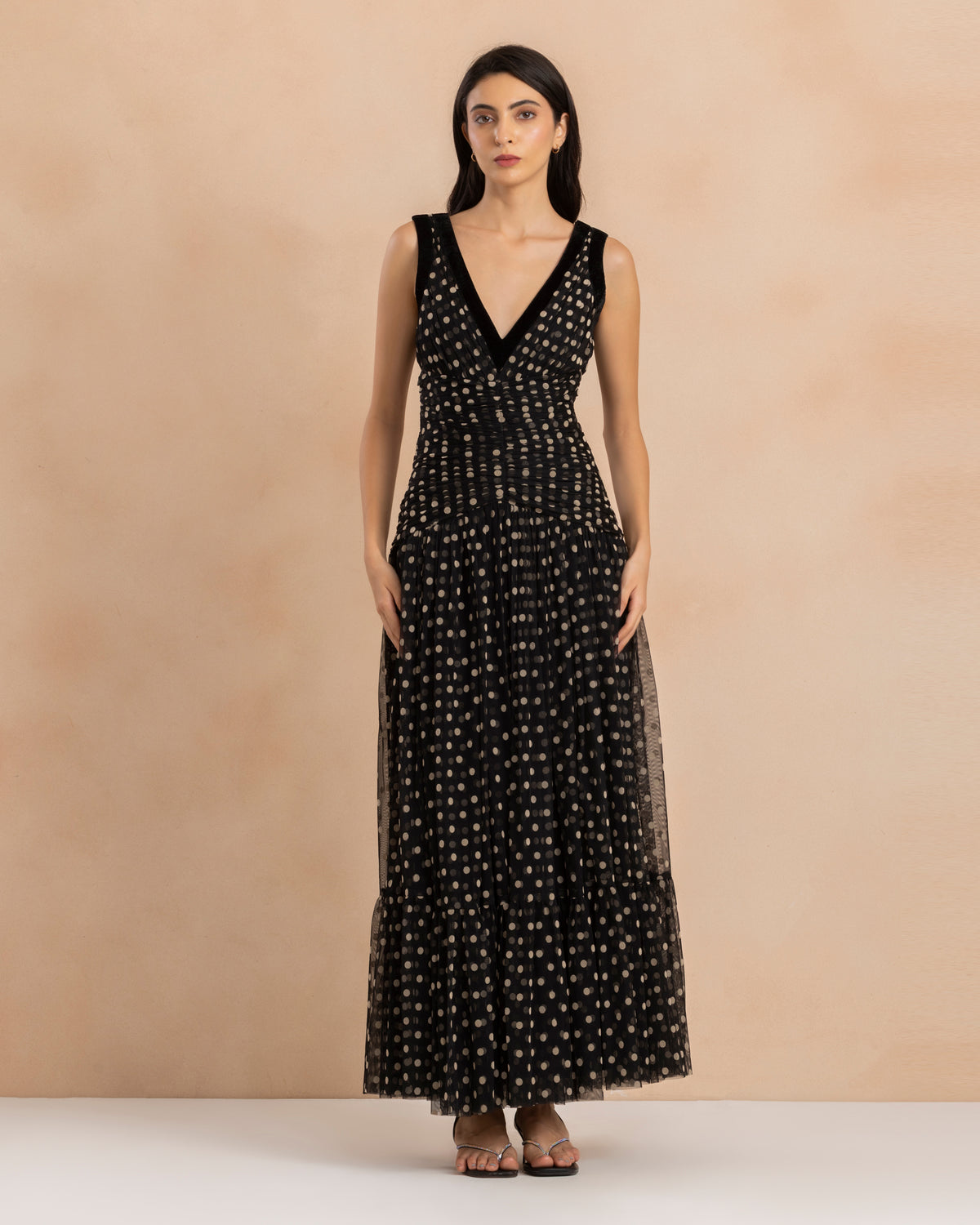 Elsie Maxi Dress with Velvet Trim in Black and Cream Polka