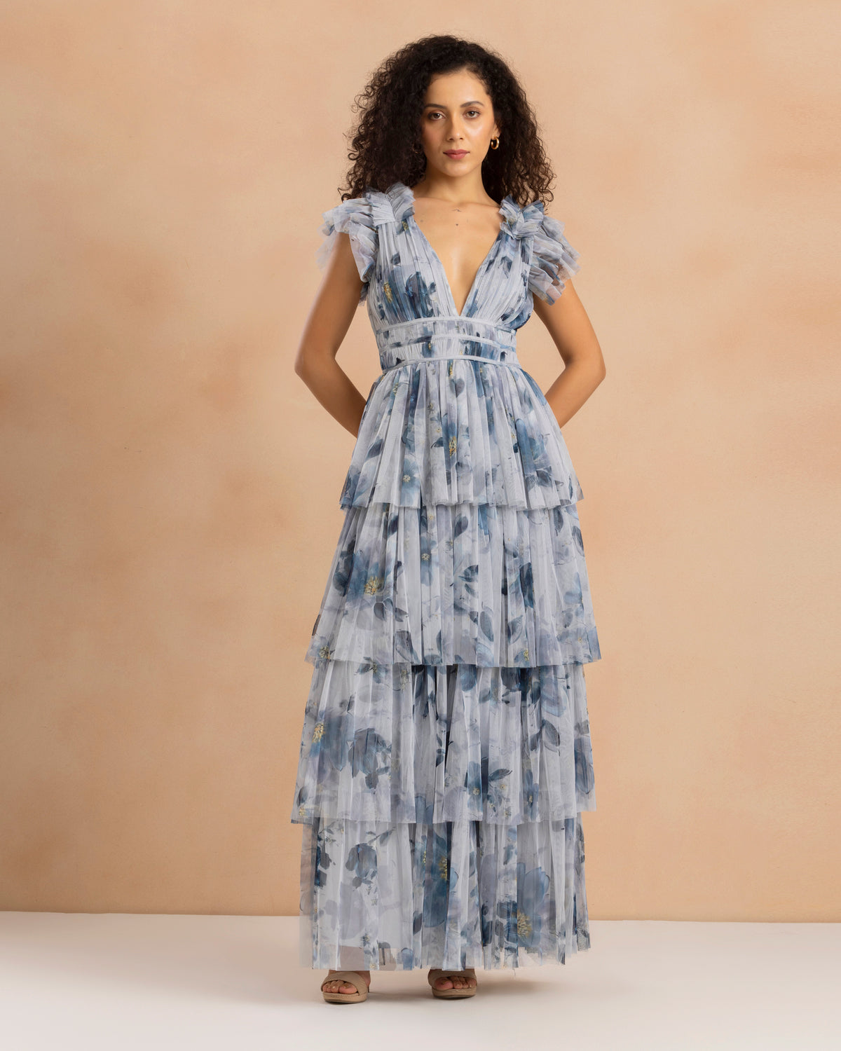 Naomi Tulle Maxi Dress in Grey Magnolia Print