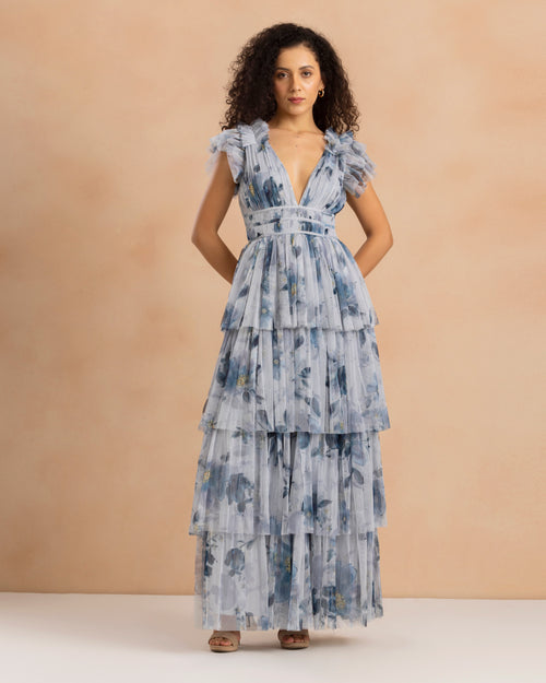 Naomi Tulle Maxi Dress in Grey Magnolia Print