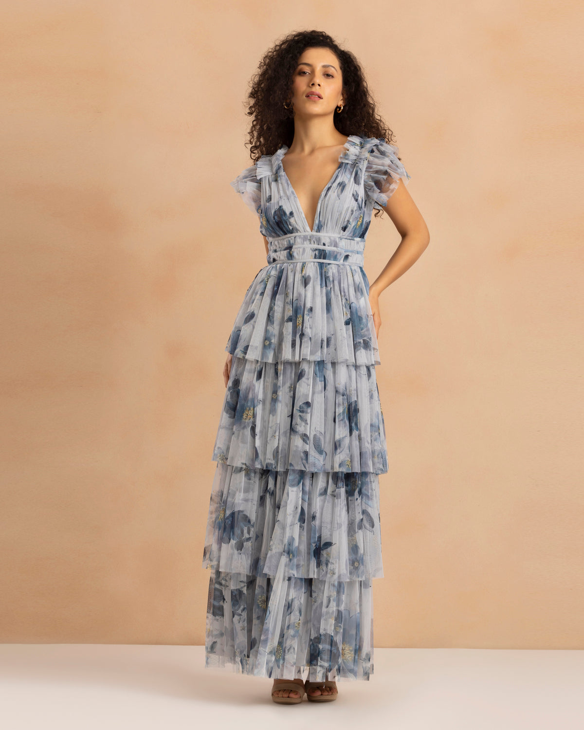 Naomi Tulle Maxi Dress in Grey Magnolia Print