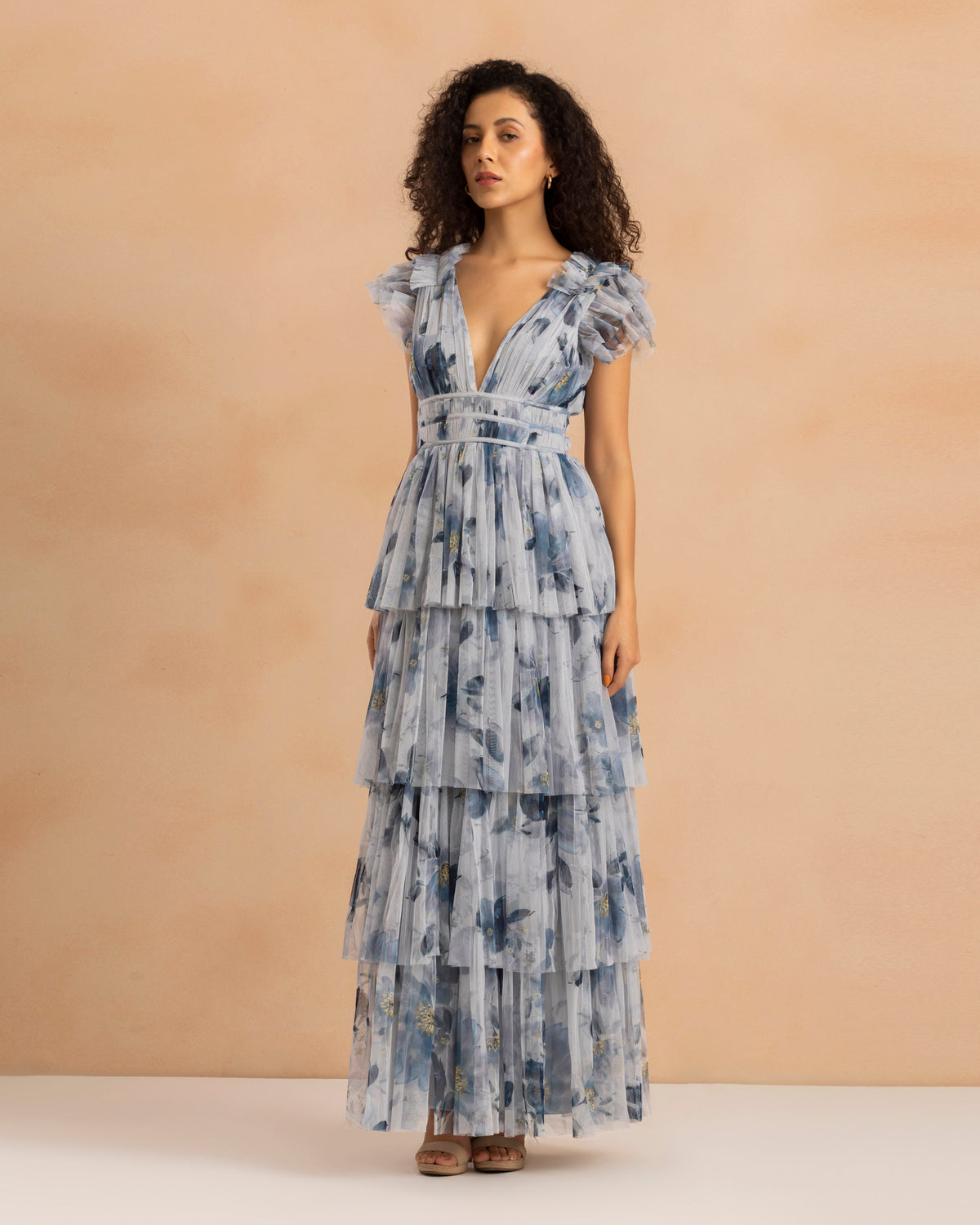 Naomi Tulle Maxi Dress in Grey Magnolia Print
