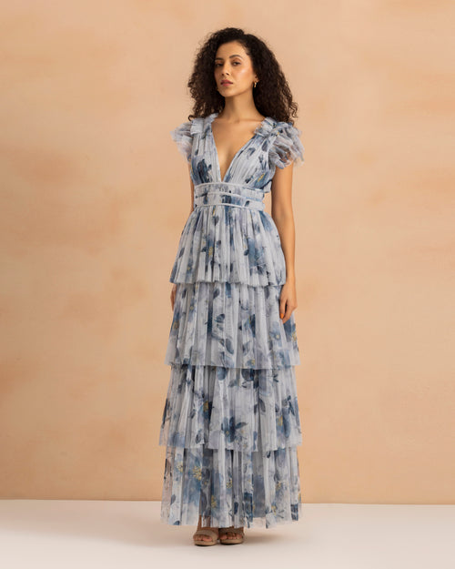 Naomi Tulle Maxi Dress in Grey Magnolia Print