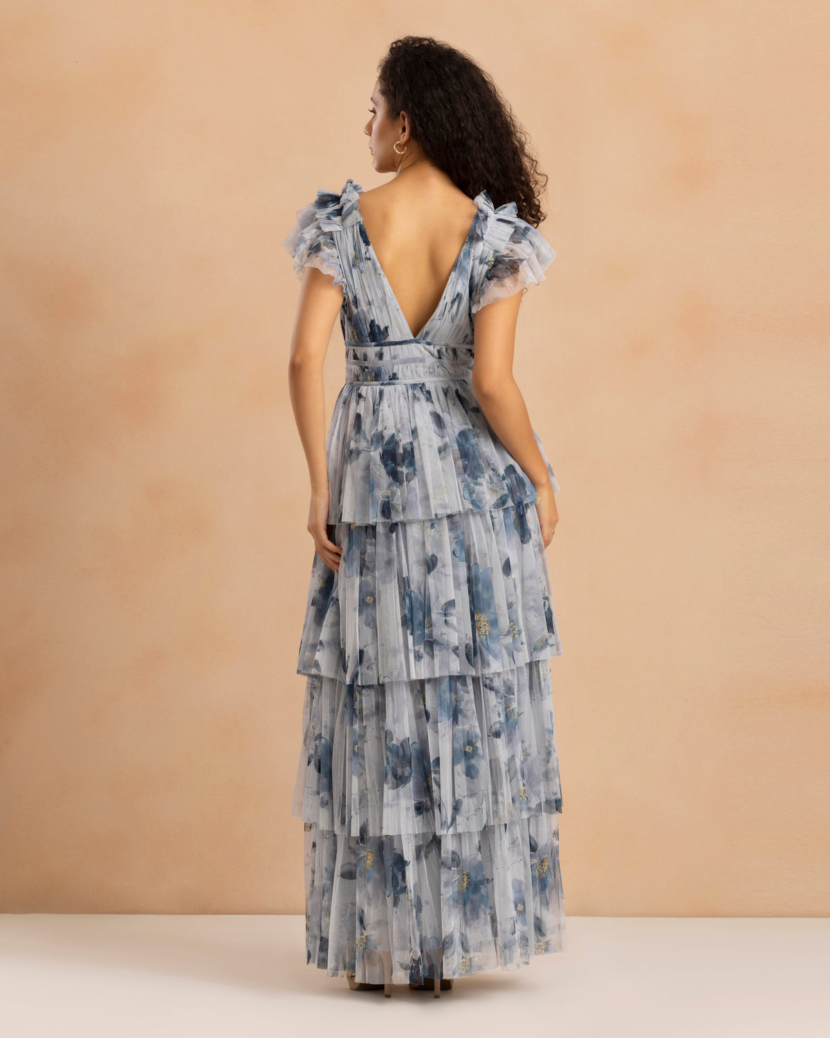Naomi Tulle Maxi Dress in Grey Magnolia Print